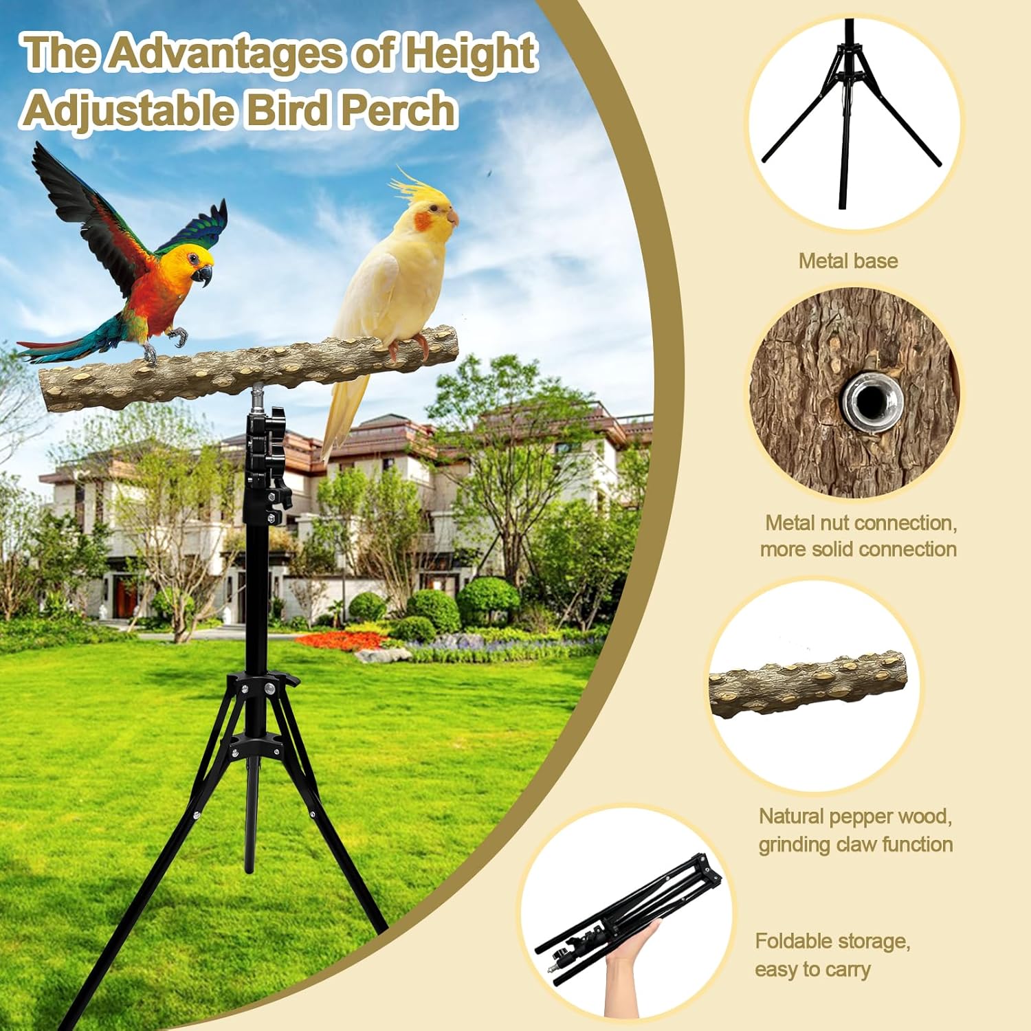 16-63 Inch Height Adjustable Bird Perch Pepper Wood Bird Training Perch Stand Parakeet Perches Indoor and Outdoor Parrot Stands for Small to Medium Bird - Happypetzone.online - Image 2