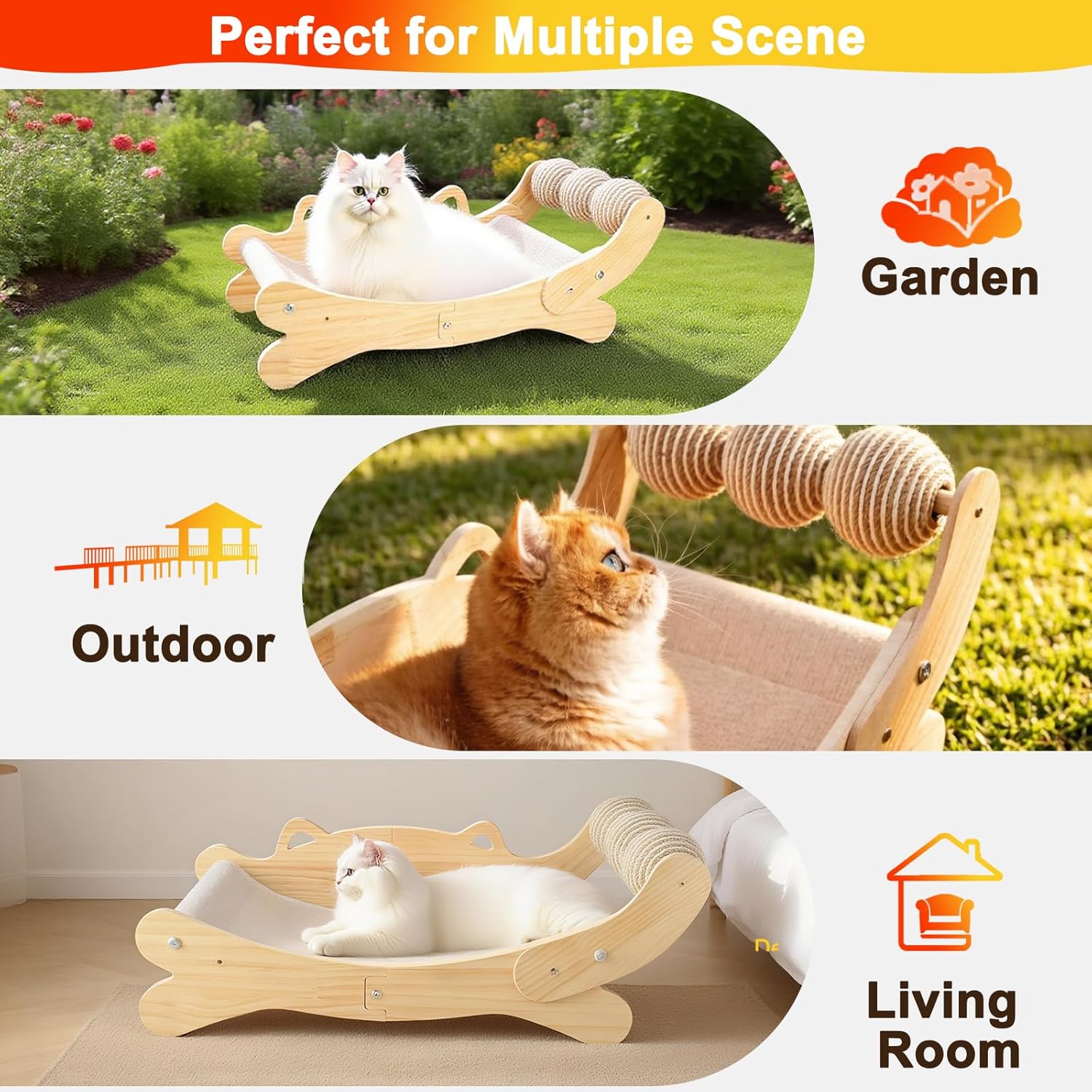 3-in-1 Cat Scratcher Bed for Indoor Cats Sisal Scratcher & Hammock Lounge with Solid Wooden Perch, No-Tip Stable Base for Large Cats, Durable Cat Scratch Pad & Cat Furniture (Easy Assembly) - Happypetzone.online - Image 2