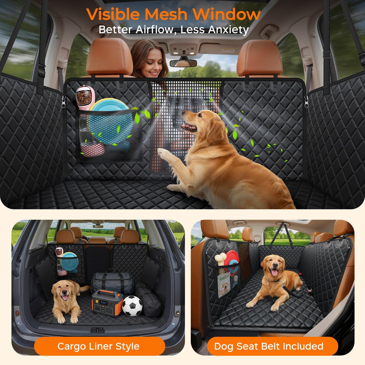 URPOWER Backseat Extender for Dogs - Hard Bottom Dog Car Seat Cover for Back Seat, Dog Hammock for Car and SUV, Pet Rear Seat Protector Dogs Travel Bed with Mesh Window - Happypetzone.online - Image 3