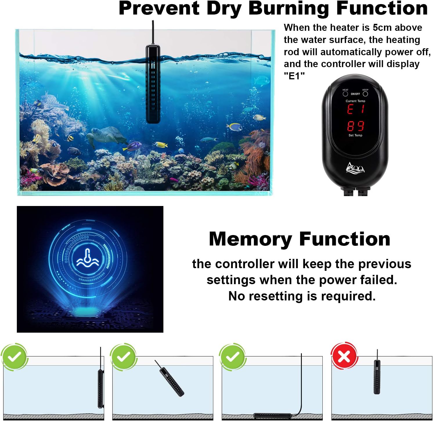 AQQA Submersible Aquarium Heater,100W/200W/300W/500W/800W/1000W/1200W Fish Tank Heater,External Temperature Controller LED Temperature Display,Suitable for Saltwater and Freshwater(100W) - Happypetzone.online - Image 5