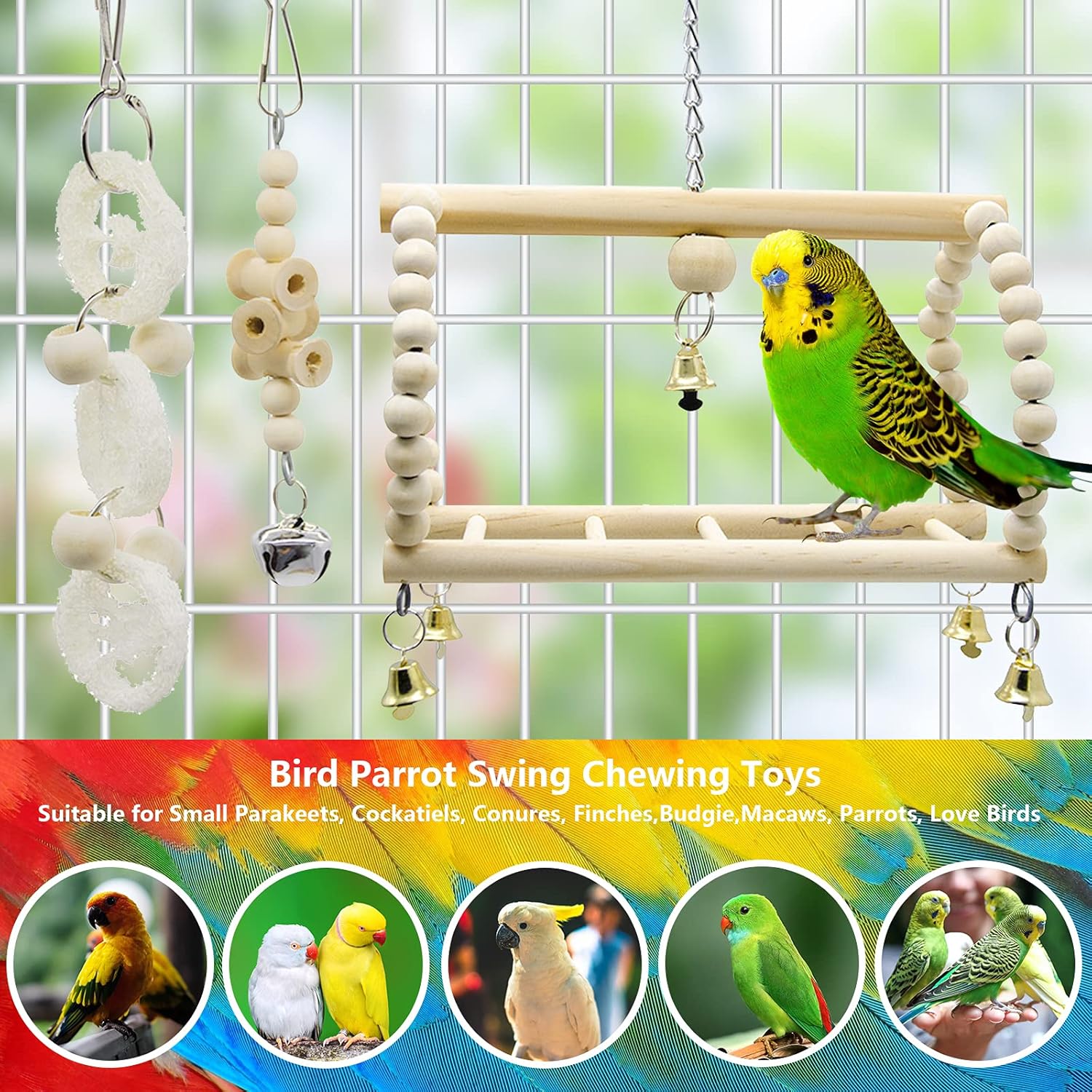Deloky 7 Packs Bird Parrot Swing Chewing Toys-Hanging Bell Bird Cage Toys Suitable for Small Parakeets, Cockatiels, Conures, Finches,Budgie,Macaws, Parrots, Love Birds - Happypetzone.online - Image 7