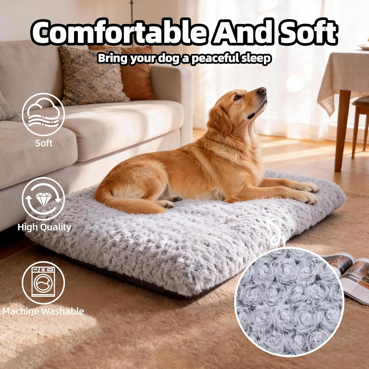 Dog Beds Large Sized Dog, Washable Durable Pet Bed, Deluxe Plush Soft & Comfortable Dog Crate Bed Pad for Large, Jumbo, Medium, Small Dogs Breeds, 35"X 23"-XL, Light Gray - Happypetzone.online - Image 2