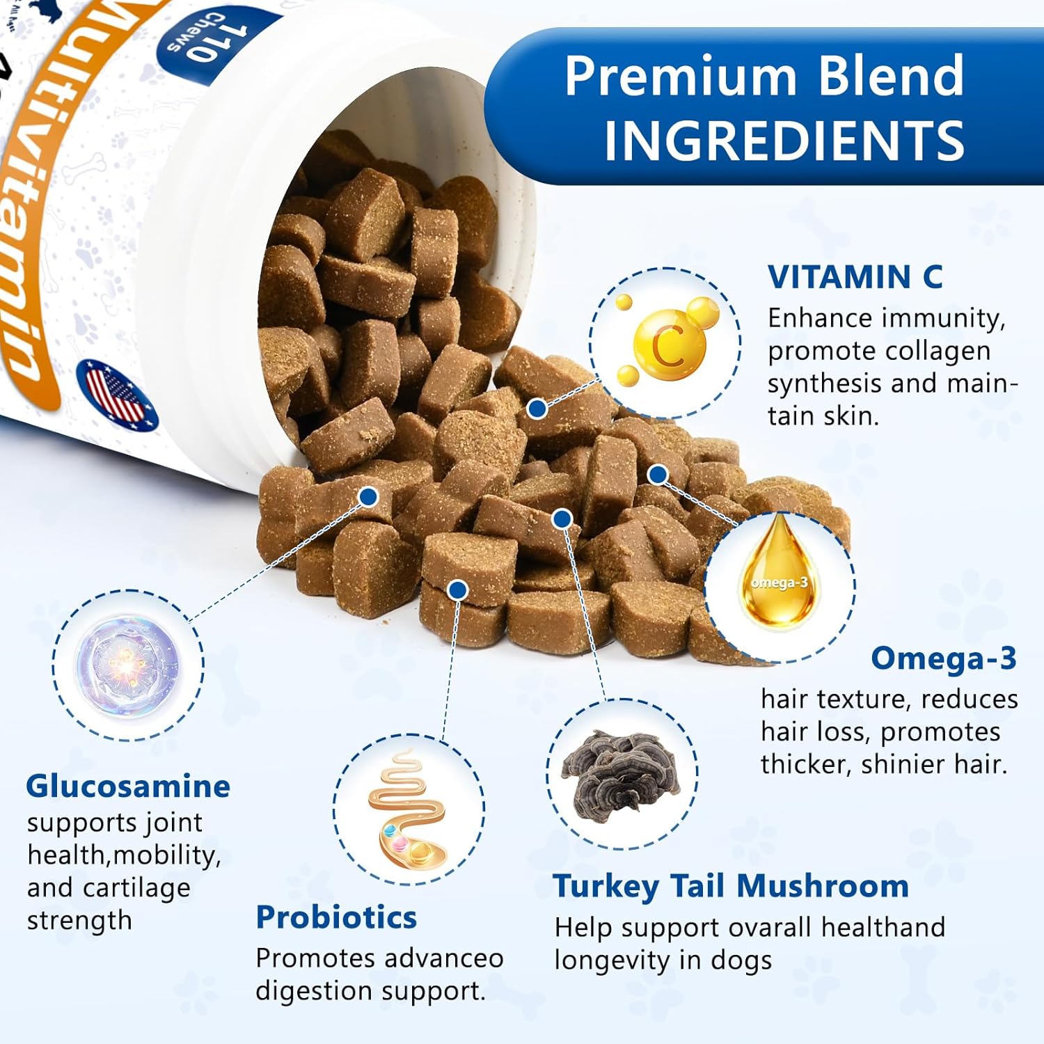 Dog Multivitamin, 40-in-1 Dog Vitamins and Supplements Chewable Contain Probiotics Omega-3 Glucosamine, Multivitamin for Dogs Skin Coat Heart Joint Liver Brain Eyes Immune Support (110ct) - Happypetzone.online - Image 3