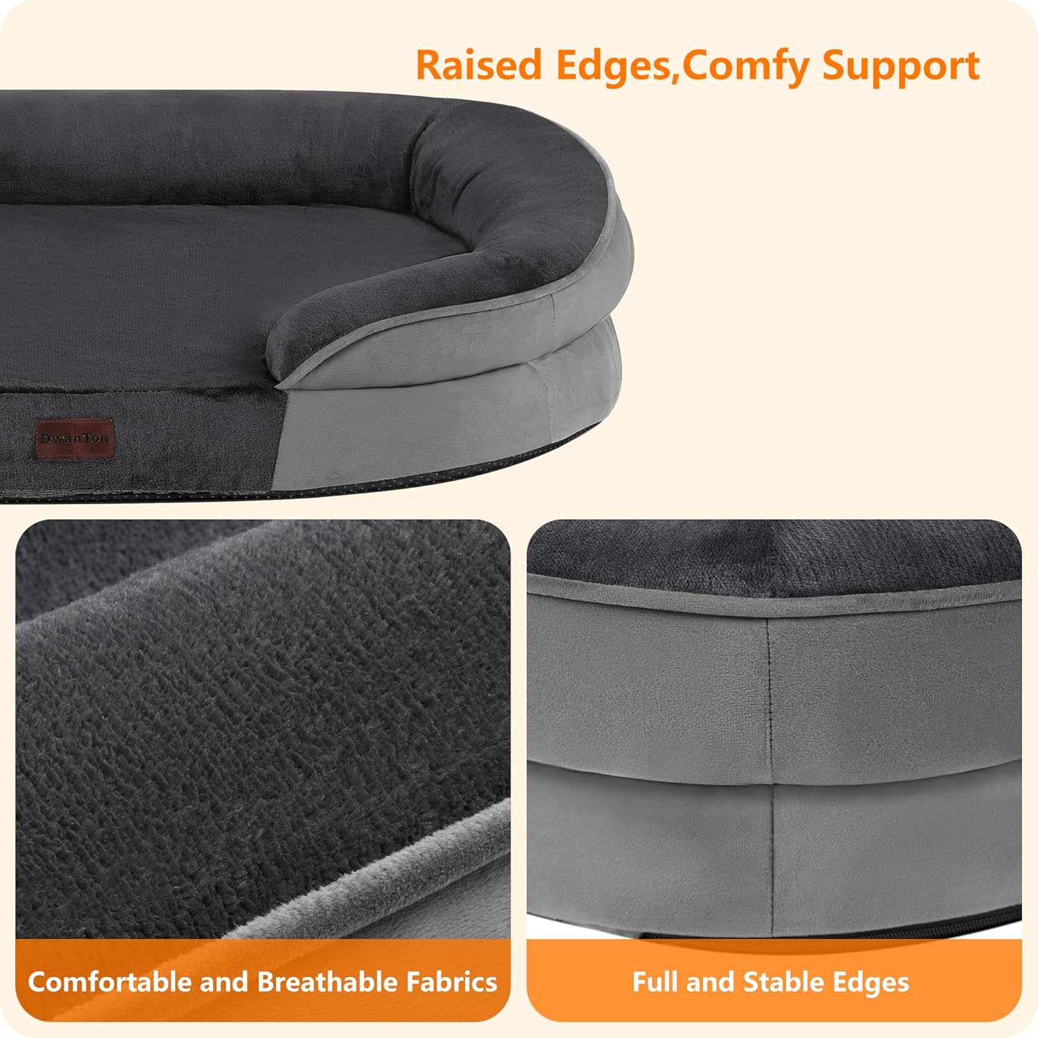Dwanton Orthopedic Dog Bed for Medium Dogs with Gel Memory Foam, Waterproof Dog Sofa, Washable Pet Bed with Four Sided Bolster Cushion, Removable Cover & Non-Slip Bottom, 36", Dark Gray - Happypetzone.online - Image 5