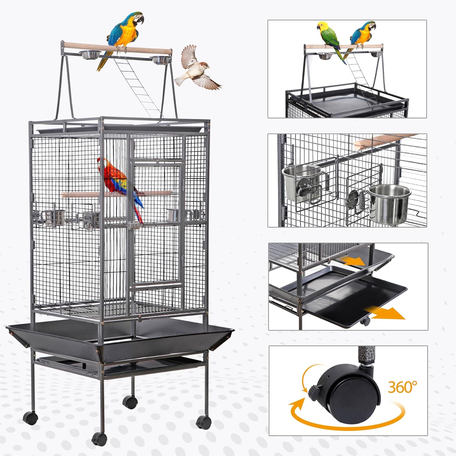 HSM 68 Inch Wrought Iron Large Bird Flight Cage with Rolling Stand for African Grey Parrot Cockatiel Sun Parakeet Conure Lovebird - Happypetzone.online - Image 3