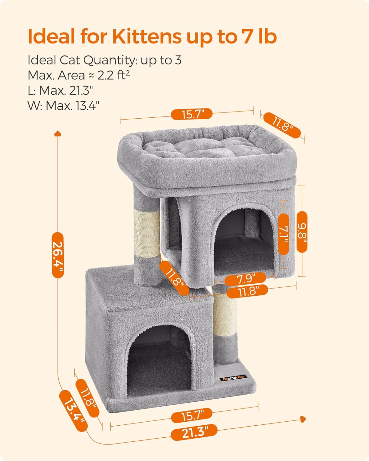 Feandrea Cat Tree, 26.4-Inch Cat Tower, Plush Condo for Kittens up to 7 lb, Large Perch, 2 Caves, Scratching Post, Light Gray UPCT611W01 - Happypetzone.online - Image 6