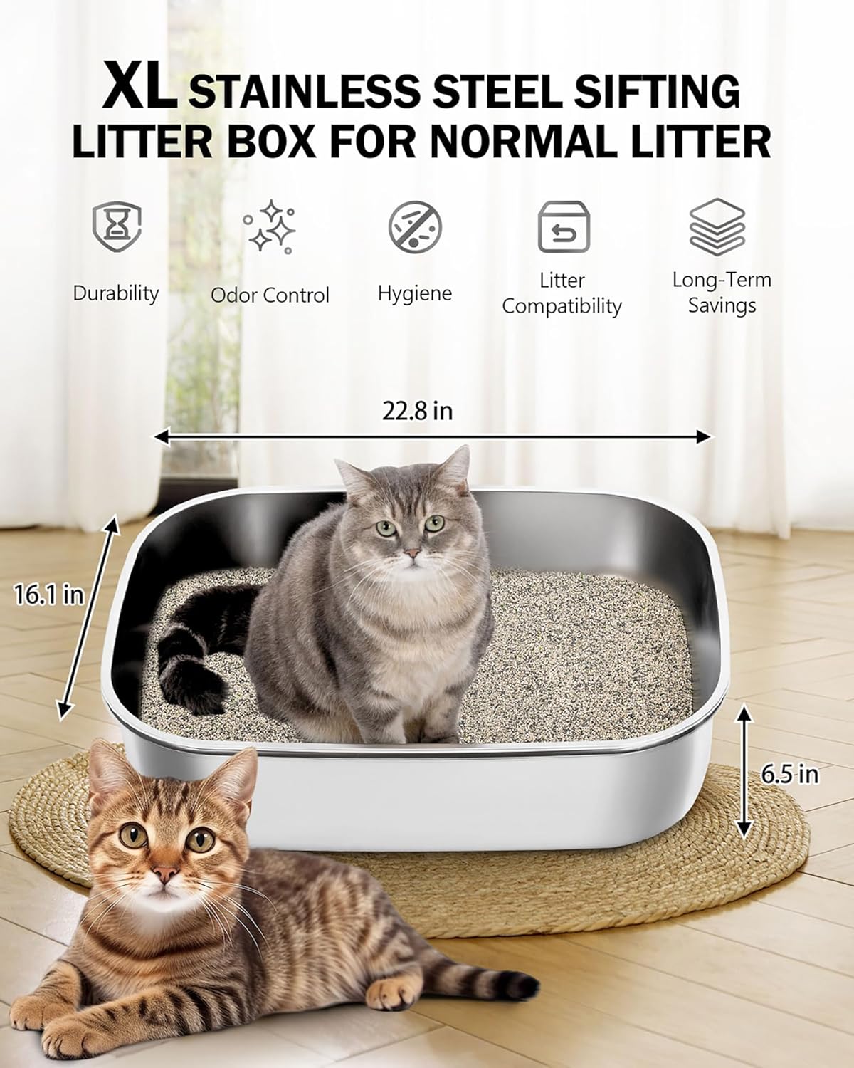 Stainless Steel Sifting Litter Box with Lid, Metal Litter Pan with Scoop for Big Cats Multi Cat, Extra Large Cats Litterbox Odor Control Easy Clean - Happypetzone.online - Image 2