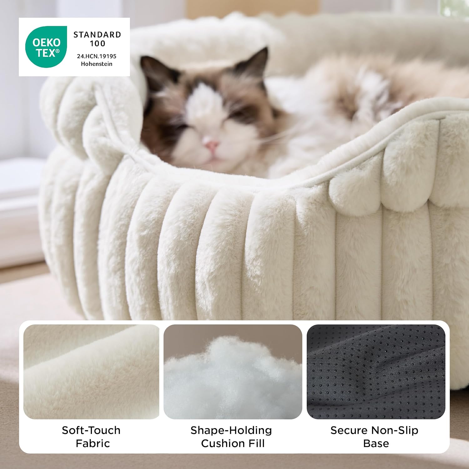 Bedsure ComfyFleece™ Cat Bed, Washable Round Cute Pet Beds for Indoor Cats, Super Soft Corduroy Kitten Bed with Anti-Slip Bottom, 20''x20''x8'', Cream - Happypetzone.online - Image 3