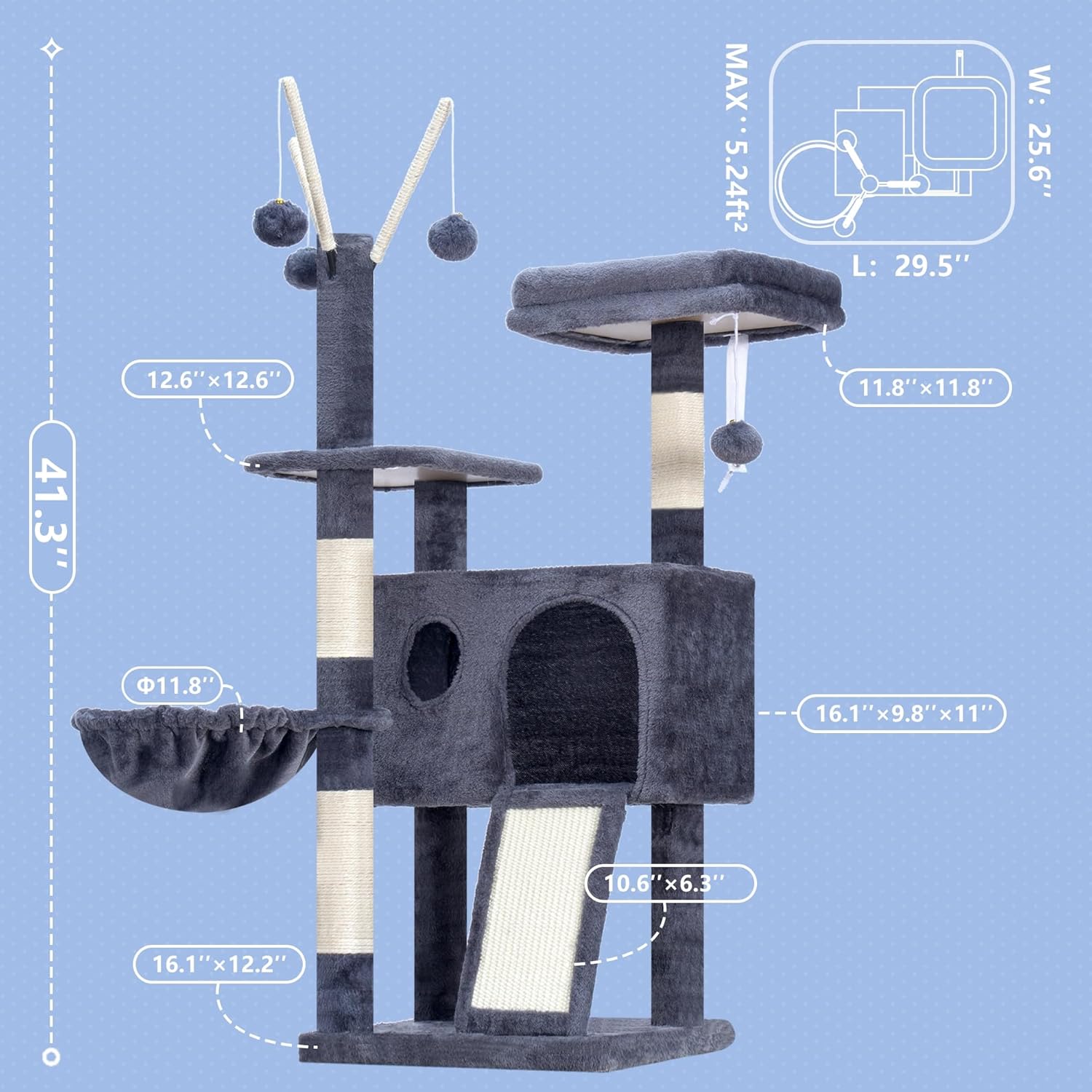 Hey-brother Cat Tree Tower, Scratching Posts with Removable Toys, Cozy Condo, Platform, Hammock, Sisal Scratch Board and Ball for Indoor Kittens, 41.3 Inches, Smoky Gray MPJ008SG - Happypetzone.online - Image 2
