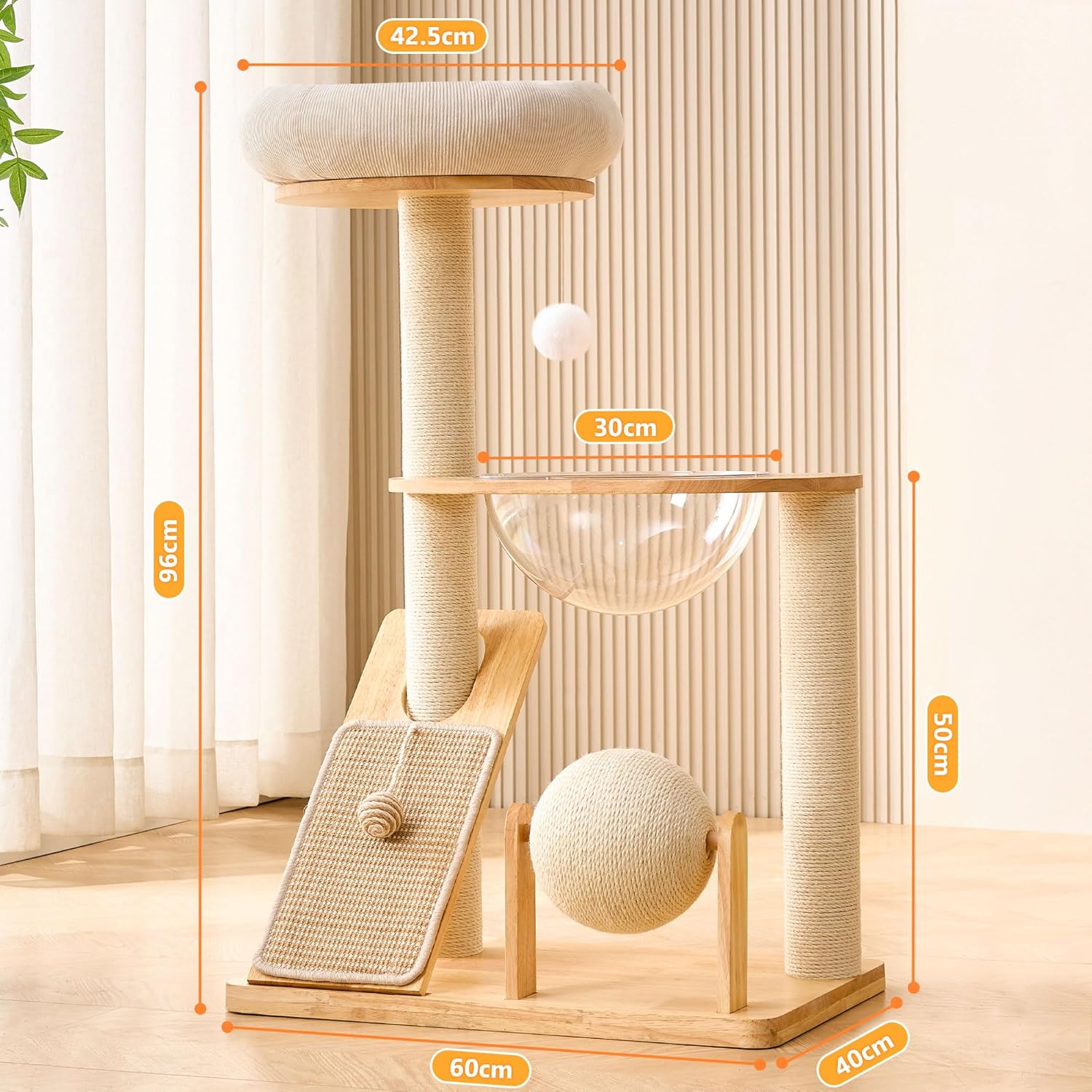 HITTITE Solid Wood Cat Tree Tower with Scratching Post, 37.8 Inches Tall Cat Towers with Scratching Board and Scratcher Ball, Modern Cat Tower With Space Capsule and Removable Top Bed for Indoor Cats. - Happypetzone.online - Image 8