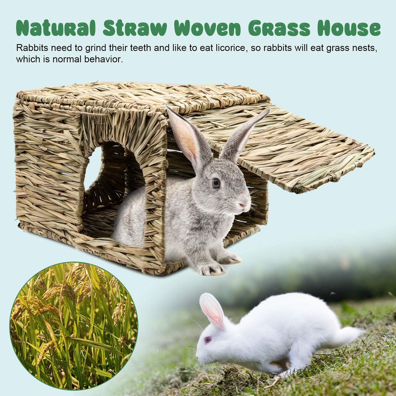 BWOGUE Extra Large Grass House for Rabbits,Hand Crafted Natural Grass Hideaway Foldable Bed Hut with Openings Playhouse for Bunny Guinea Pig Chinchilla Ferret for Play and Sleep - Happypetzone.online - Image 4