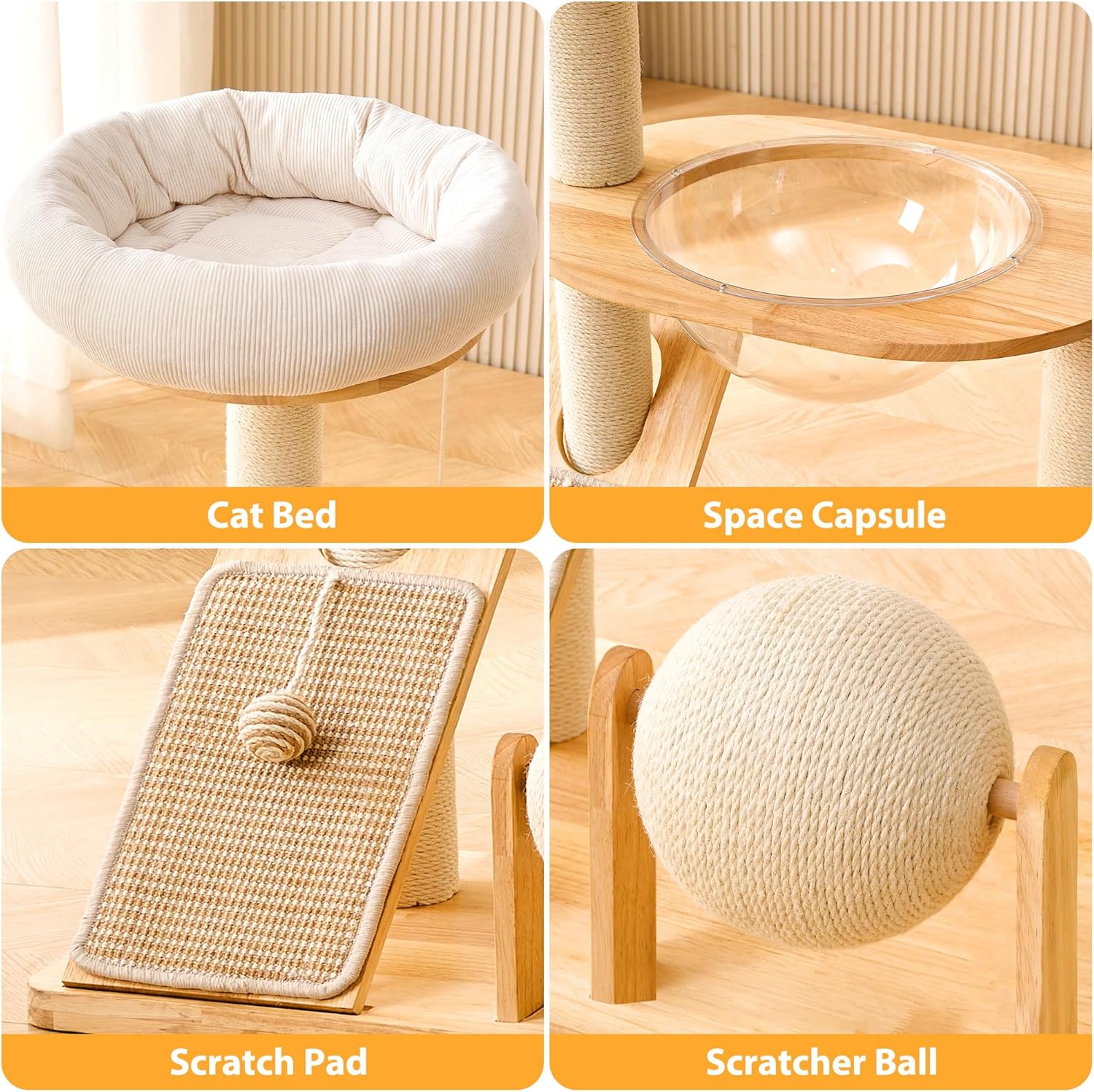 HITTITE Solid Wood Cat Tree Tower with Scratching Post, 37.8 Inches Tall Cat Towers with Scratching Board and Scratcher Ball, Modern Cat Tower With Space Capsule and Removable Top Bed for Indoor Cats. - Happypetzone.online - Image 9