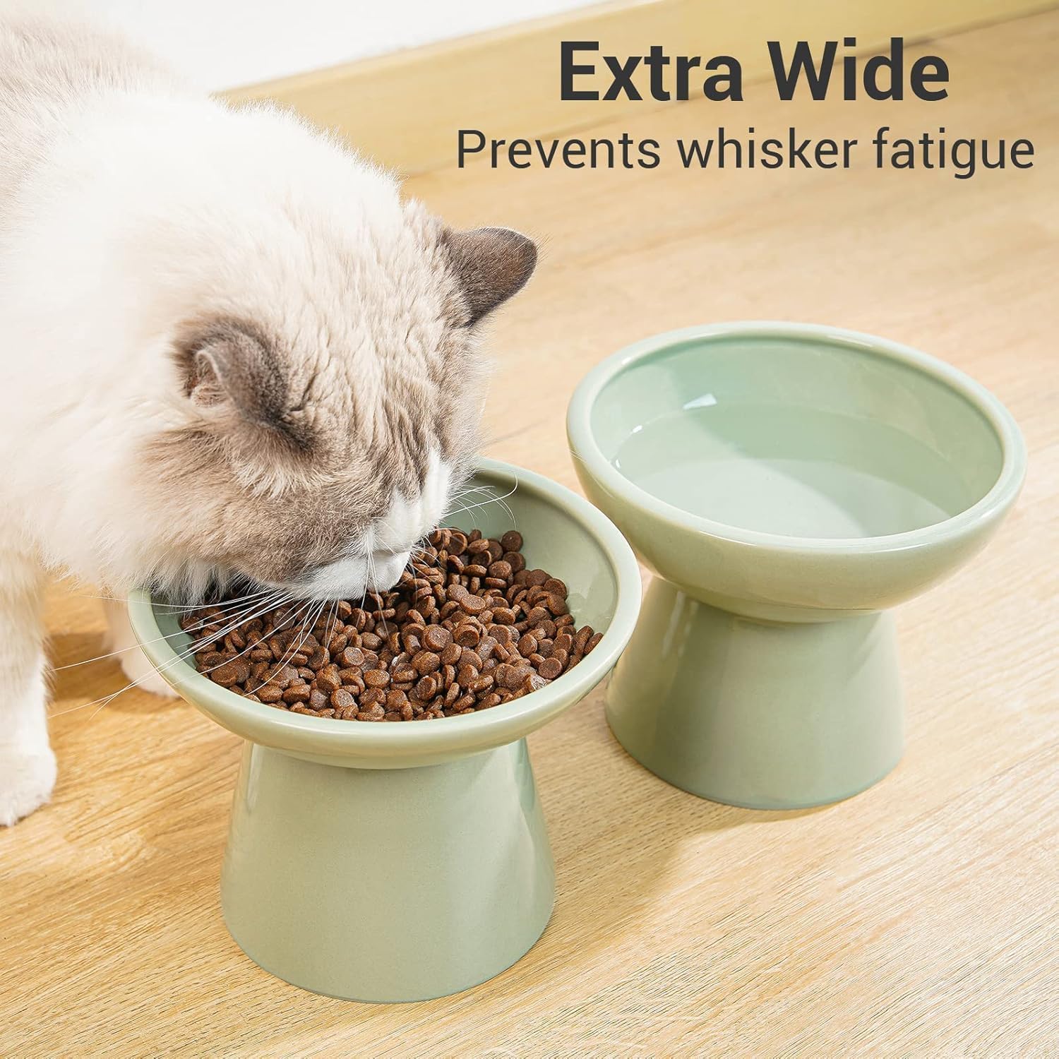 CEEFU 2 Elevated Ceramic Cat Bowls Extra Wide for Food & Water – Whisker Fatigue Shallow Food Dish, Lead & Cadmium-Free, Raised Height for Cats, Sage Green - Happypetzone.online - Image 5