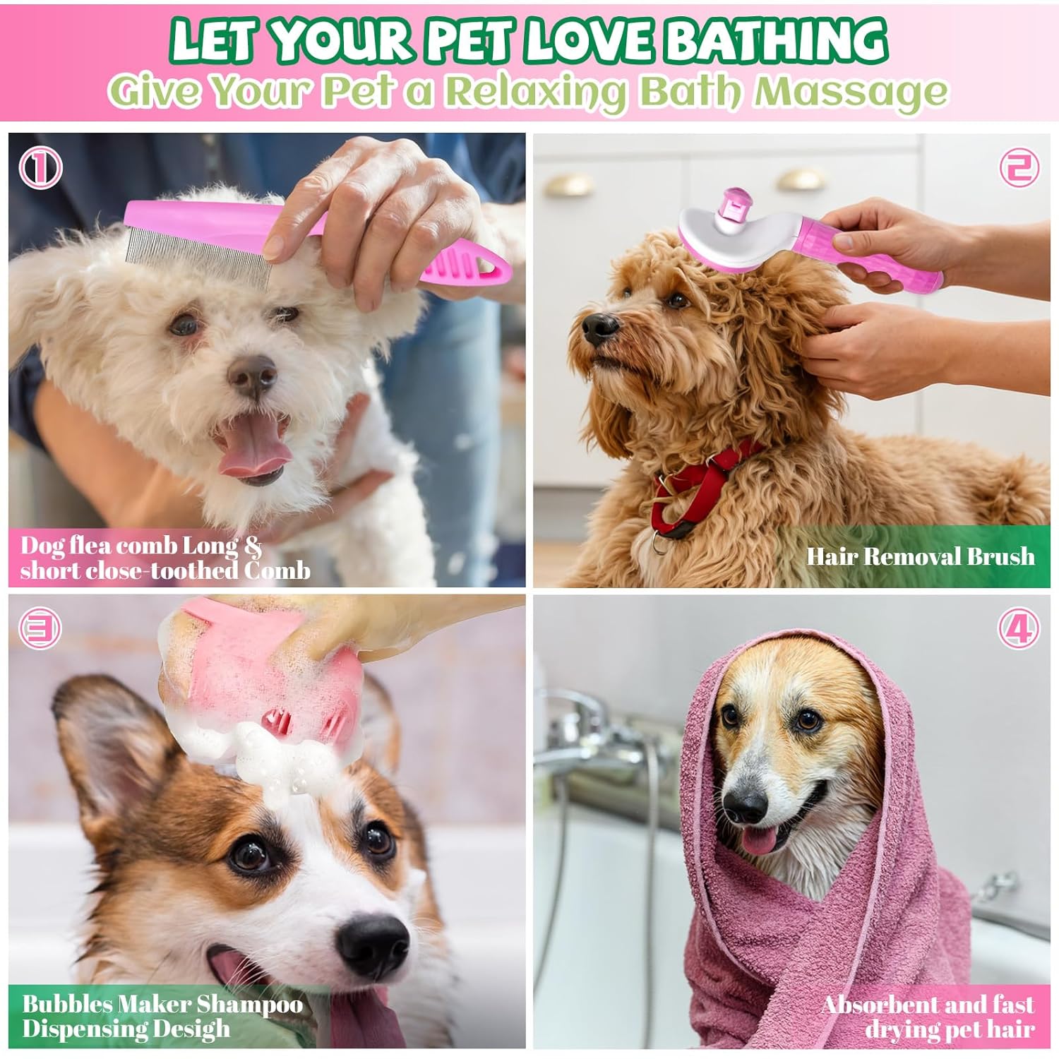 8PCS Dog Slicker Brush for Dogs Grooming Kit,Bath Grooming Kit for Pets,Hair Brush Set with Towel,Washing Gloves,Slicker Comb,and Shampoo Scrubber Brush for Small and Large Dogs and Cats Cats(Pink) - Happypetzone.online - Image 7