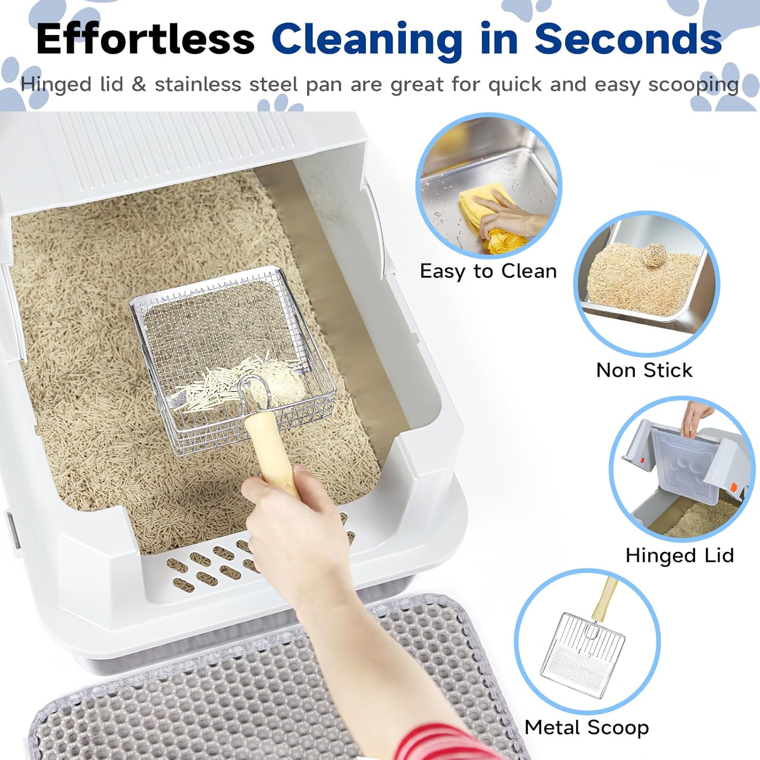TENTIZON Stainless Steel Cat Litter Box with Lid, Large Covered Enclosed Kitty Litterbox with Hood, Flip Top, High Side, Litter Mat, Scoop for Big Cats, Kitten, No Odor, No Mess, Easy Clean, Grey - Happypetzone.online - Image 3