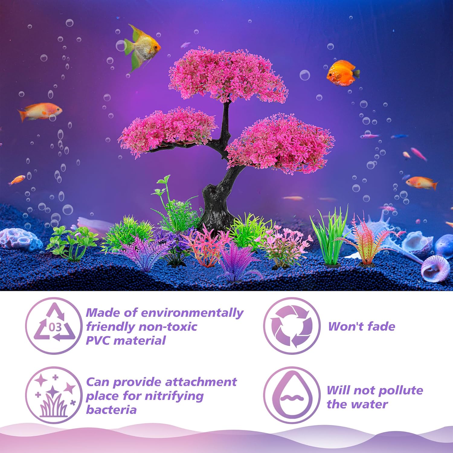 Ameliade Aquarium Artificial Plastic Plants Decoration, Pink Cherry Blossom Tree Aquarium Decor Set, Goldfish Betta Fish Tank Decorations Hides Accessories(Pink - Happypetzone.online - Image 3