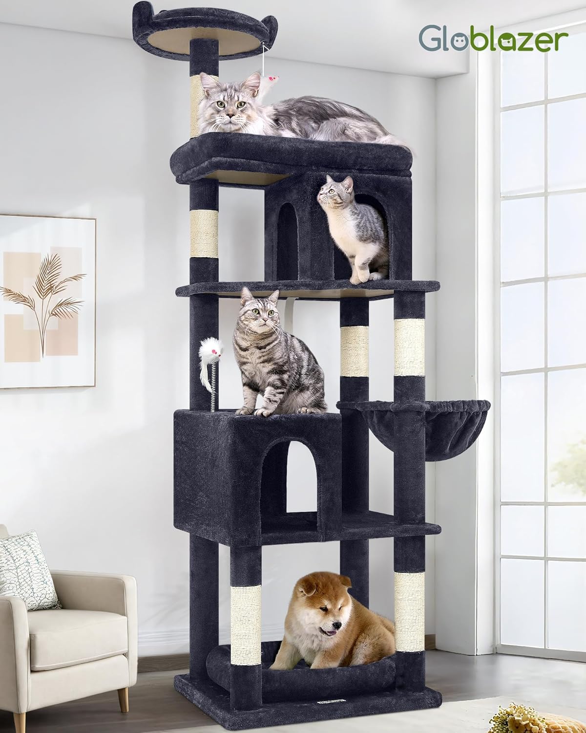Globlazer Heavy Duty Cat Trees for Large Cats, Sturdy 72in Maine Coon Cat Tree for Large Cats 20 lbs+ Heavy Duty Cat Tower for Adult Biggest Cat with 6 Scratching Posts, Hammock, S72, Dark Gray - Happypetzone.online - Image 7