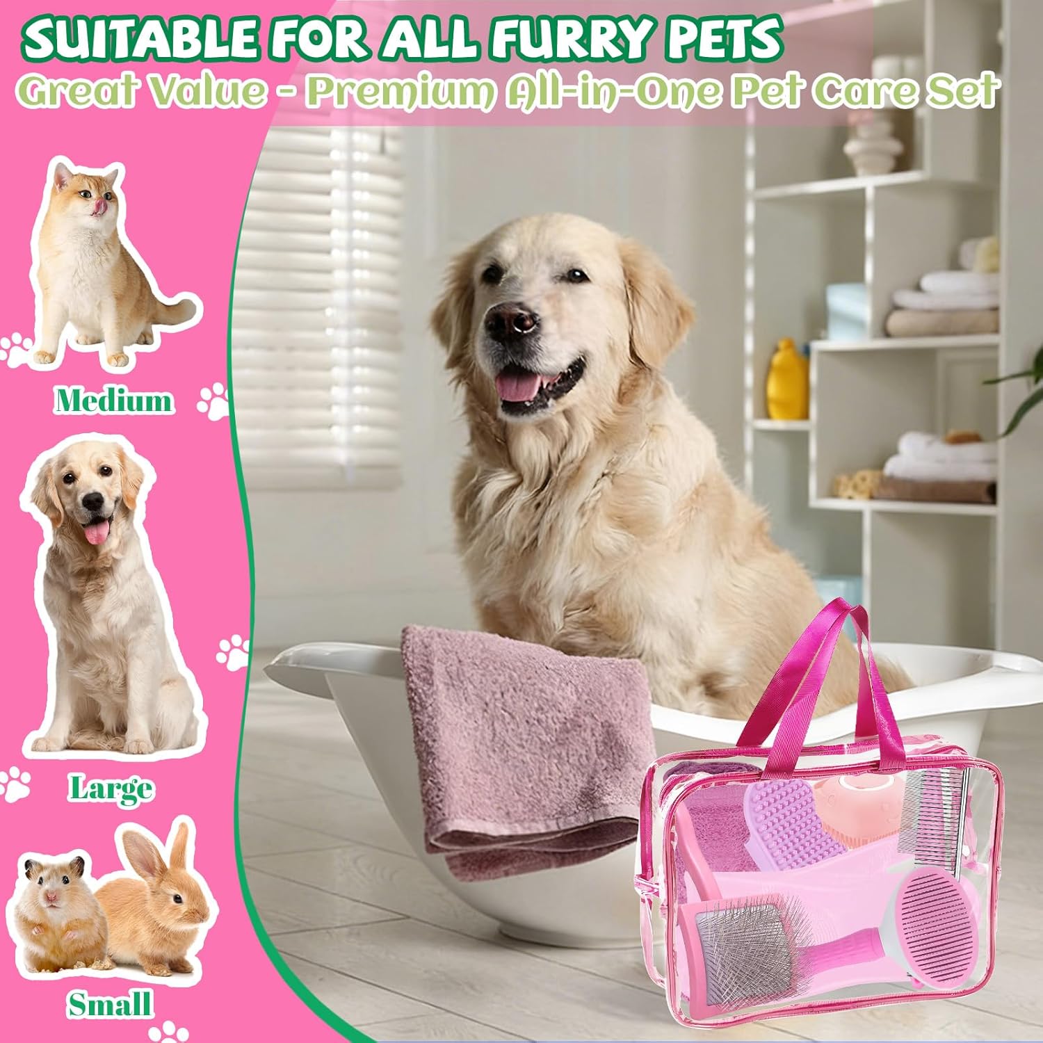 8PCS Dog Slicker Brush for Dogs Grooming Kit,Bath Grooming Kit for Pets,Hair Brush Set with Towel,Washing Gloves,Slicker Comb,and Shampoo Scrubber Brush for Small and Large Dogs and Cats Cats(Pink) - Happypetzone.online - Image 5