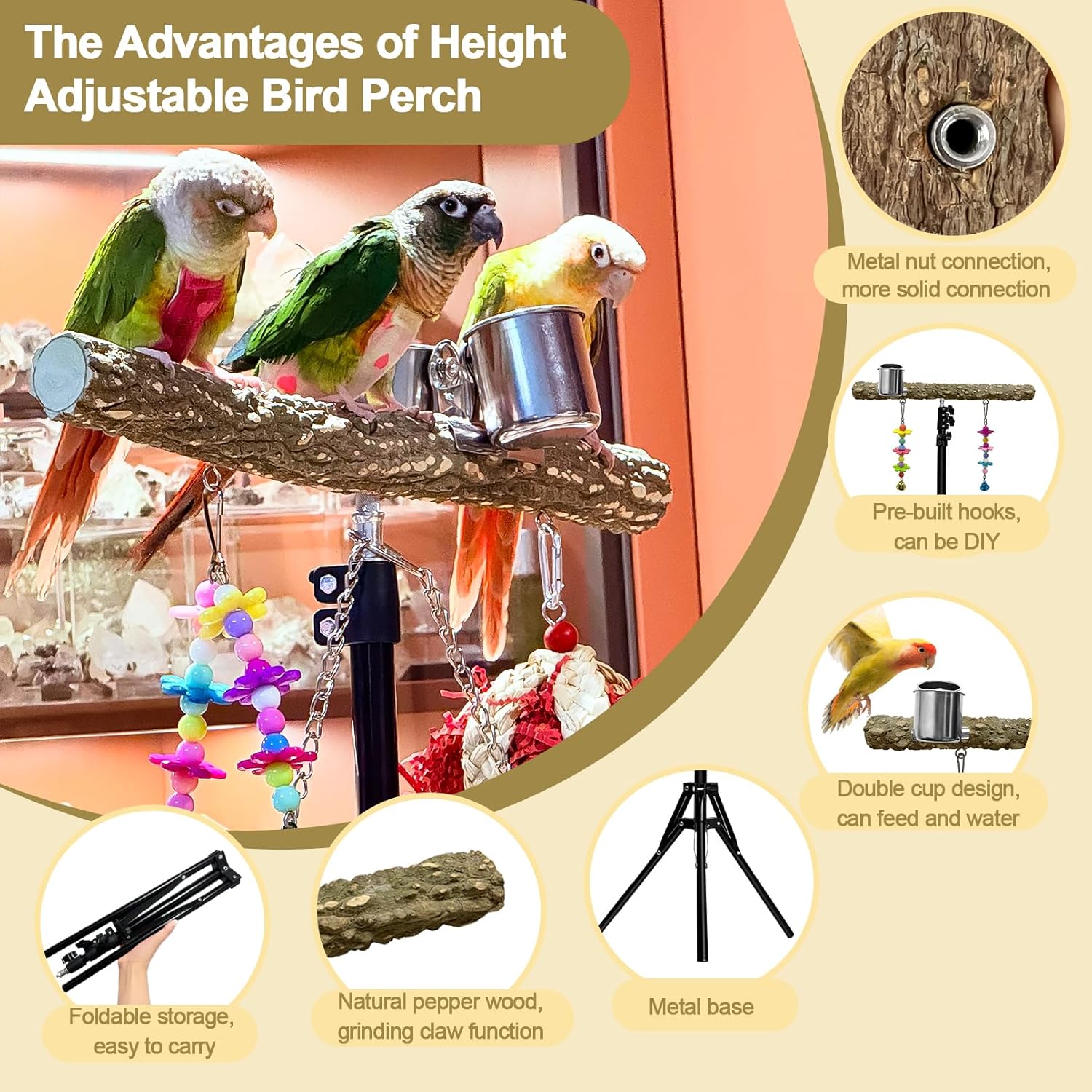 16-63 Inch Height Adjustable Bird Perch Pepper Wood Parrot Training Perch Stand with Feeding Cups and Swing Toy Parakeet Perches Indoor and Outdoor Parrot Stands for Small to Medium Bird - Happypetzone.online - Image 2