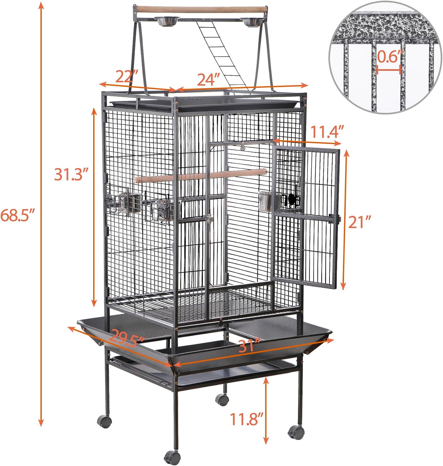 HSM 68 Inch Wrought Iron Large Bird Flight Cage with Rolling Stand for African Grey Parrot Cockatiel Sun Parakeet Conure Lovebird - Happypetzone.online - Image 2