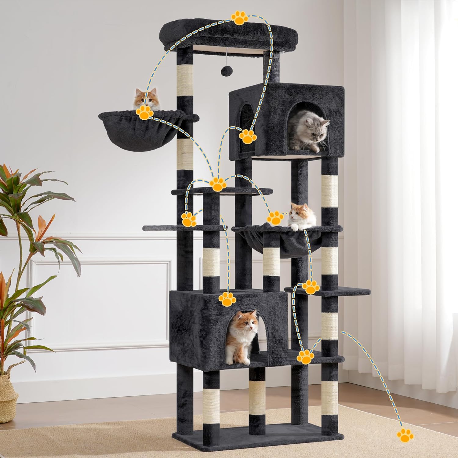 Heybly Cat Tree, 76-Inch Tall Heavy Duty Cat Tower for Big Cats with Extra Wide Baseboard, Multi-Level Large Cat Furniture with 2 Condos & 2 Hammocks, 10 Scratching Posts, Smoky Gray HCT039G - Happypetzone.online - Image 9