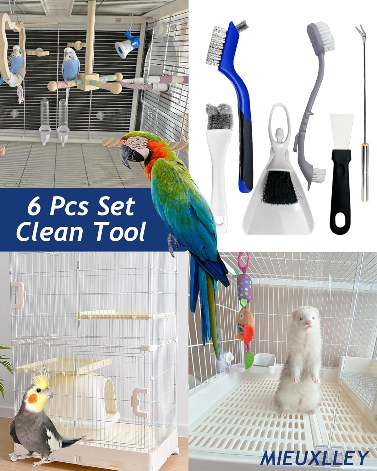 Upgrade 6PCS Cage Cleaner Set,2-in-1 Stainless Steel Pet Cage Brush,Bird Poop Remover,Dual Head Brush,Long Handle Scraper,Small Animals House Cleaning Accessories,Mini Dustpan and Broom Set (6PCS-1) - Happypetzone.online - Image 7
