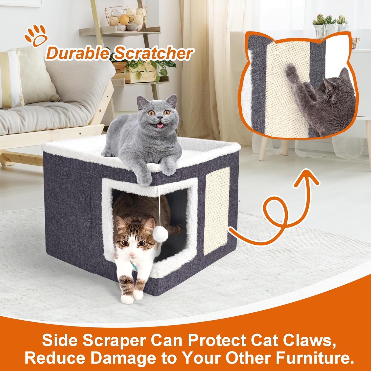 Loyareal Cat Houses for Indoor Cats - Large Cat Bed Cave with Scratch Pad and Fluffy Ball, Foldable Cat Condo Hideaway with Reversible Cushion for Multi Small Pet, Dark Grey - Happypetzone.online - Image 2