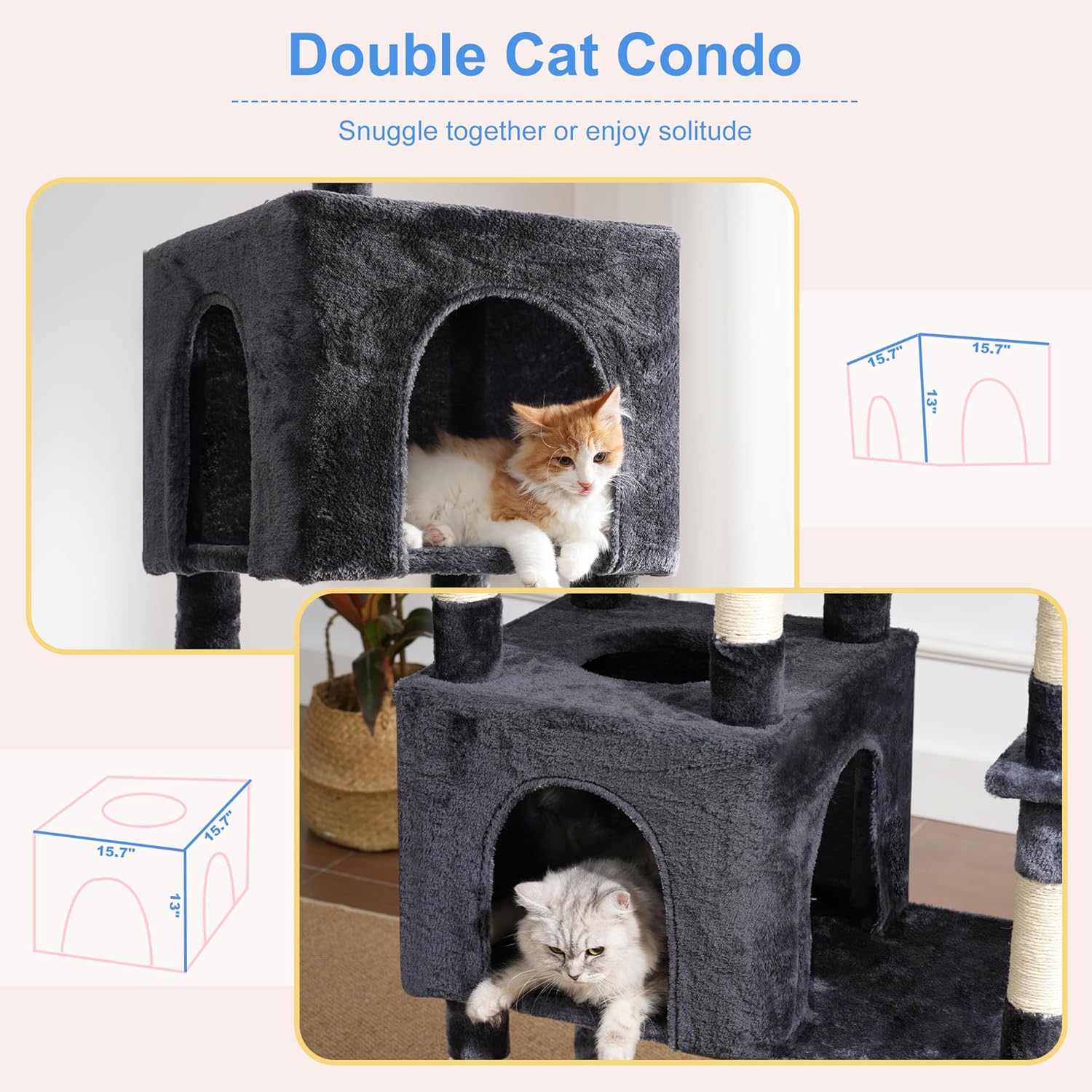 Heybly Cat Tree, 76-Inch Tall Heavy Duty Cat Tower for Big Cats with Extra Wide Baseboard, Multi-Level Large Cat Furniture with 2 Condos & 2 Hammocks, 10 Scratching Posts, Smoky Gray HCT039G - Happypetzone.online - Image 8