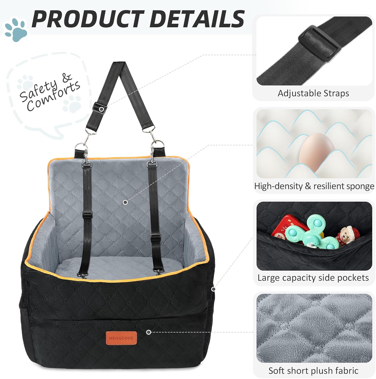 HEGGCOOE Small Dog Car Seat, Memory Foam Dog Booster Seats with Thick Cushion for Medium Dogs Under 35lbs, Detachable Washable Pet Car Seat Bed with Storage Pockets,2 Safety Belts - Happypetzone.online - Image 4