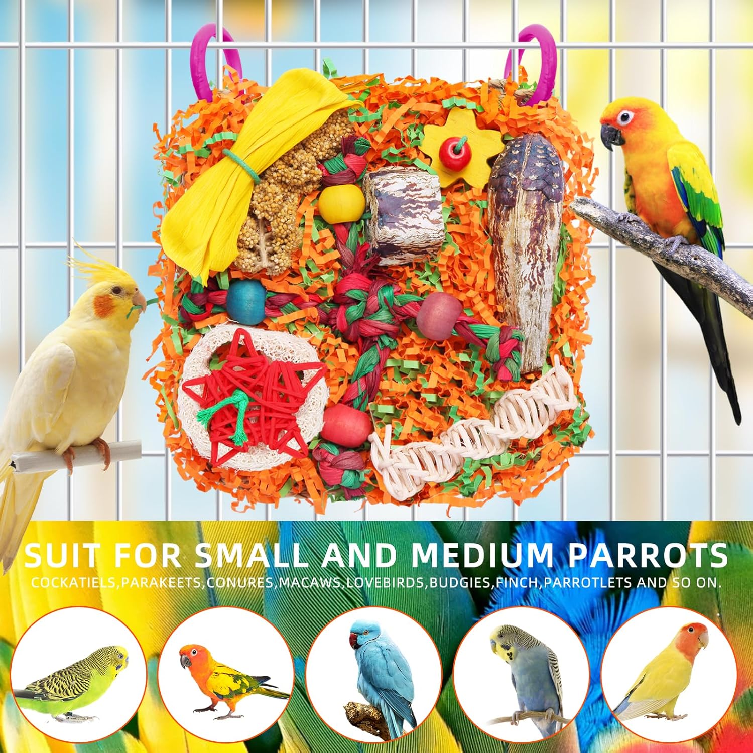 Bird Toys for Small & Medium Parrots - Natural Foraging & Shredding Cage Hanging Toys with Seagrass Mat, Starfruit, Loofah Slices for Budgies, Cockatiels, Lovebirds, Conures (1 PCS) - Happypetzone.online - Image 2