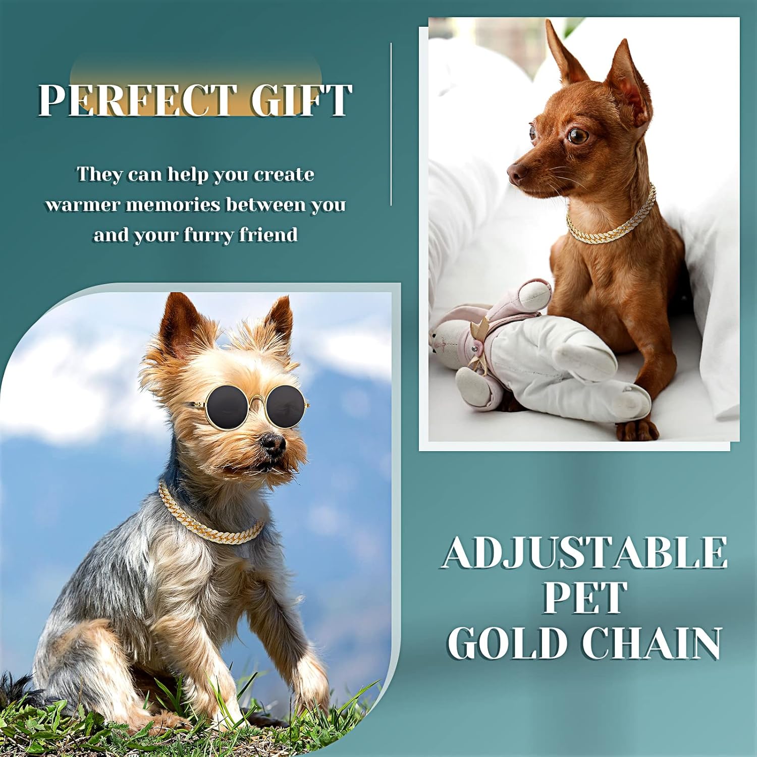 Xuniea 2 Pieces Cat Dog Chain Collar and Sunglasses Set Rhinestone Necklace with Secure Buckle Round Glasses for Doll Cat Dog Pet Accessories(10 Inch,Gold, Black) - Happypetzone.online - Image 6