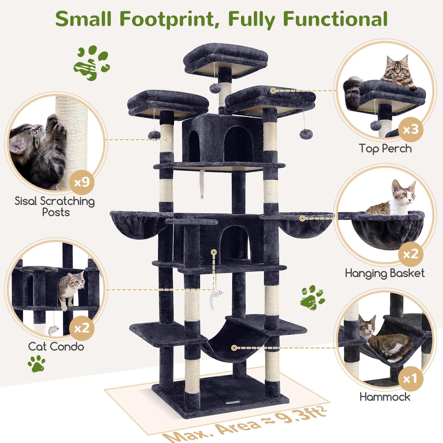 Globlazer Big Cat Tower for Indoor Cats, 80inch Cat Tower for Multiple Adult Cats XXL Cat Tree with Scratching Post, Hammock, 3 Perches, 2 Condos, 2 Hanging Basket, F80, Dark Grey - Happypetzone.online - Image 4
