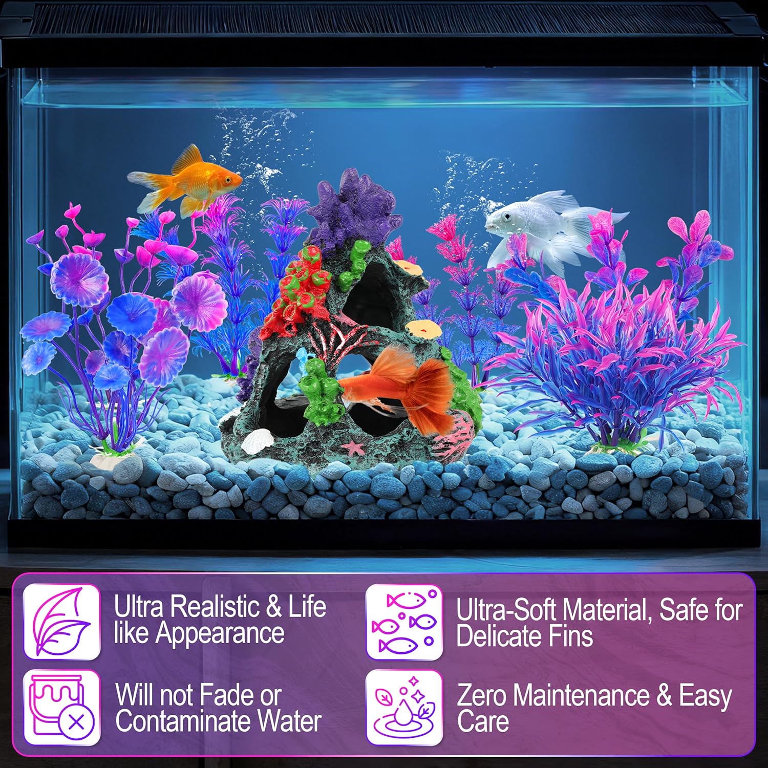 MyLifeUNIT Fish Tank Decorations, 7 Pieces Aquarium Plants Set with Coral Reef Decoration Mountain Cave Ornament for Betta, Goldfish, Shrimp to Breed, Play and Rest (Purple) - Happypetzone.online - Image 4