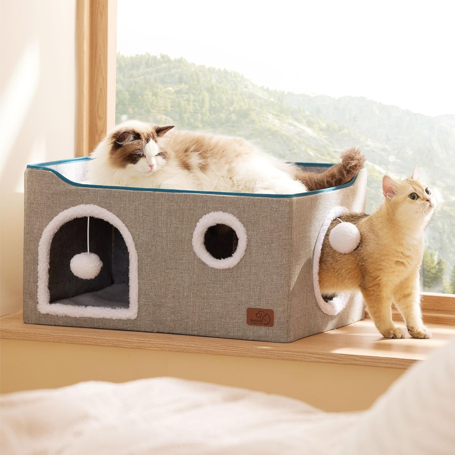 Bedsure Large Cat Beds for Indoor Cats - Extra Wide Cat Cube House for Small Pet with Fluffy Ball Hanging and Scratch Pad, Foldable Pet Cave Hideaway for Multiple Cats, 23.6x16.9x13 inches, Grey - Happypetzone.online - Image 7