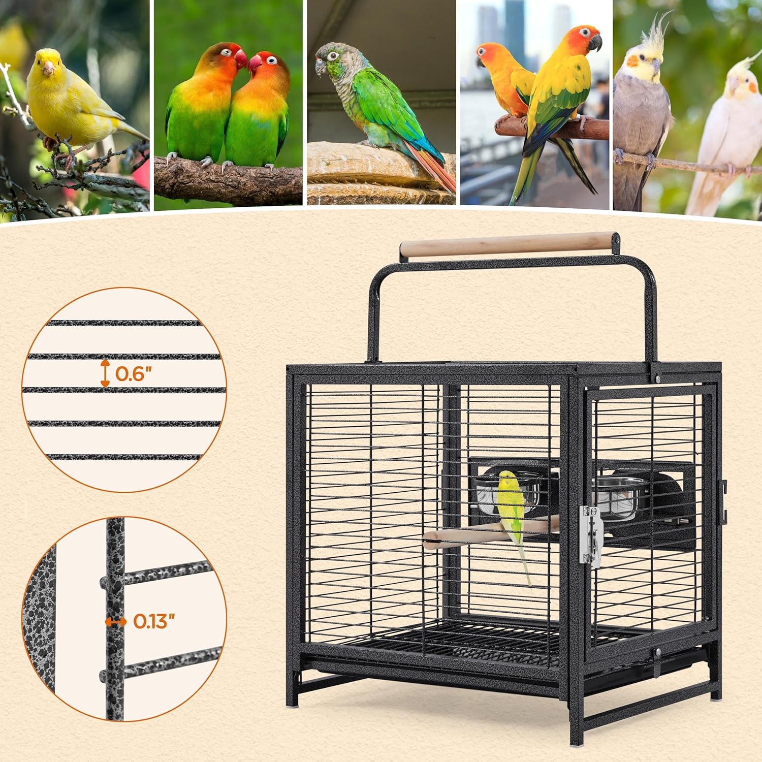 Yaheetech 25.5'' Wrought Iron Bird Travel Carrier Cage Parrot Cage with Handle Wooden Perch & Seed Guard for Small Parrots Canaries Budgies Parrotlets Lovebirds Conures Cockatiels - Happypetzone.online - Image 4