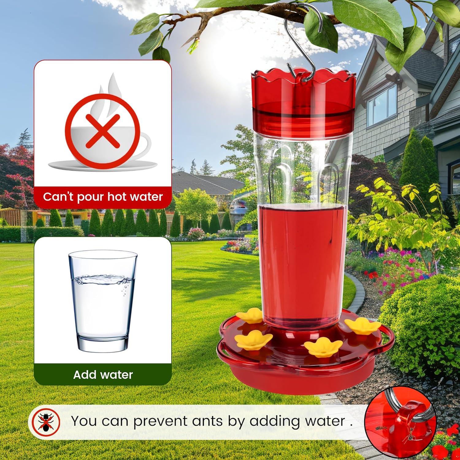 2 Pack Plastic Hummingbird Feeders for Outdoors Hanging Ant and Bee Proof,15 Ounces Red Hummingbird Feeder with 5 Feeding Ports and Perches, Built-in Ant Moat, Outside Garden Décor (Plastic, 2) - Happypetzone.online - Image 5