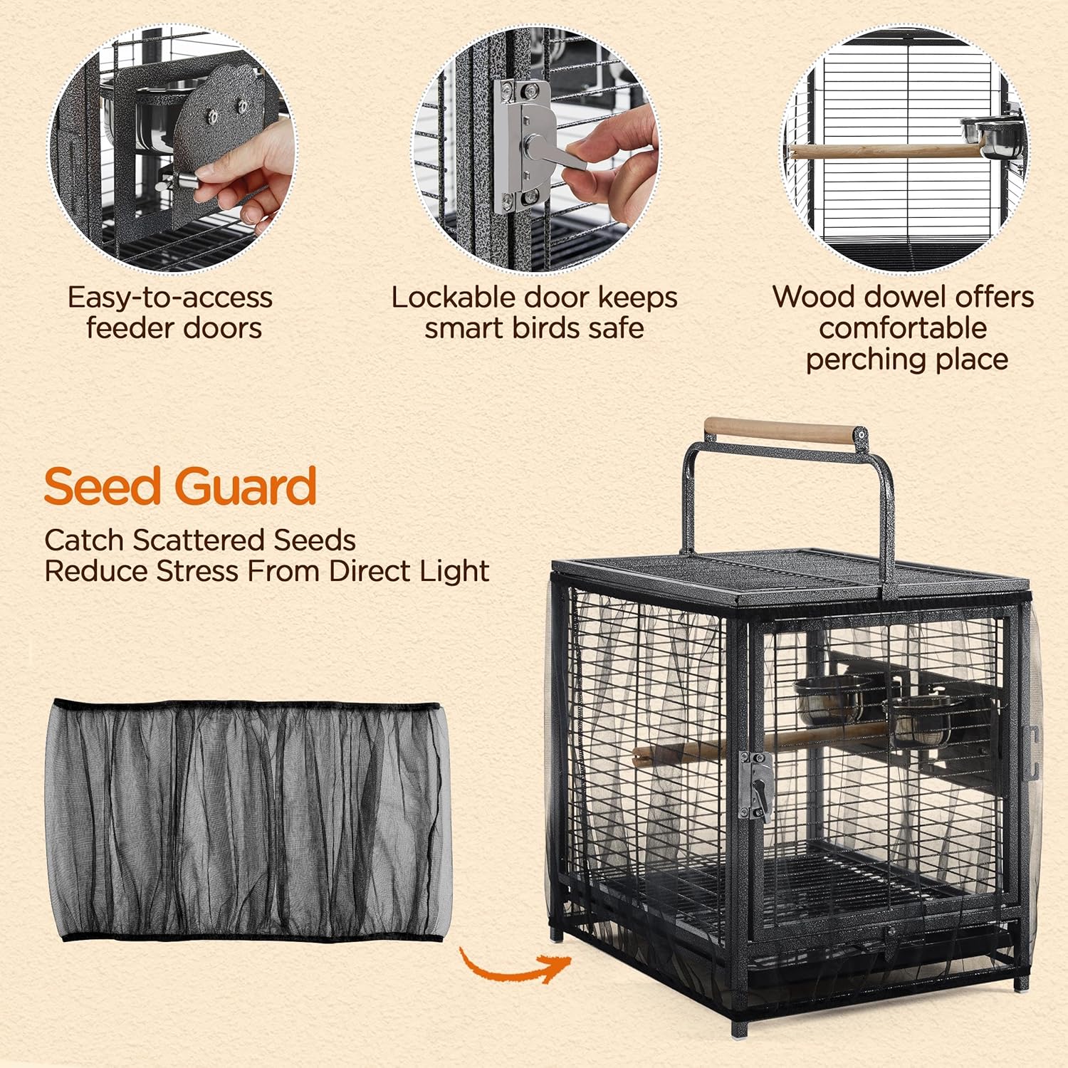Yaheetech 25.5'' Wrought Iron Bird Travel Carrier Cage Parrot Cage with Handle Wooden Perch & Seed Guard for Small Parrots Canaries Budgies Parrotlets Lovebirds Conures Cockatiels - Happypetzone.online - Image 5