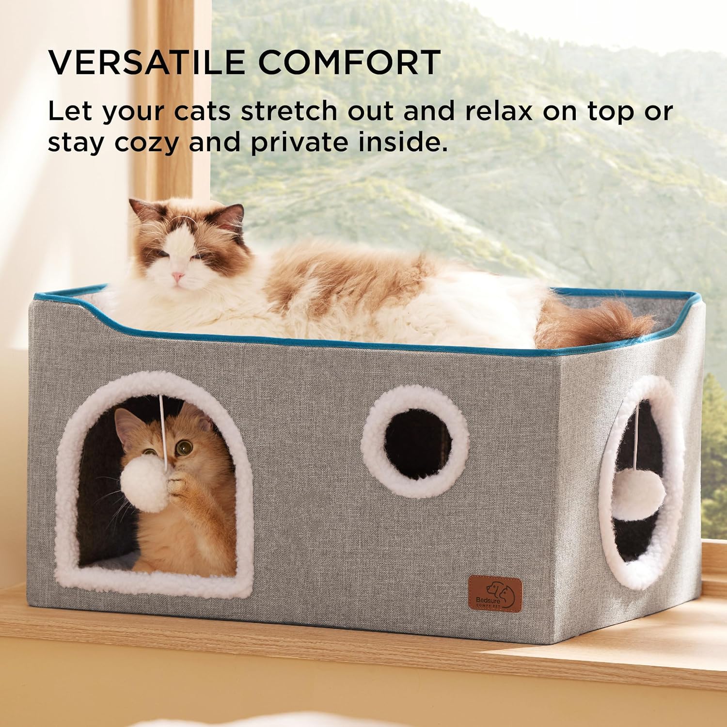 Bedsure Large Cat Beds for Indoor Cats - Extra Wide Cat Cube House for Small Pet with Fluffy Ball Hanging and Scratch Pad, Foldable Pet Cave Hideaway for Multiple Cats, 23.6x16.9x13 inches, Grey - Happypetzone.online - Image 3