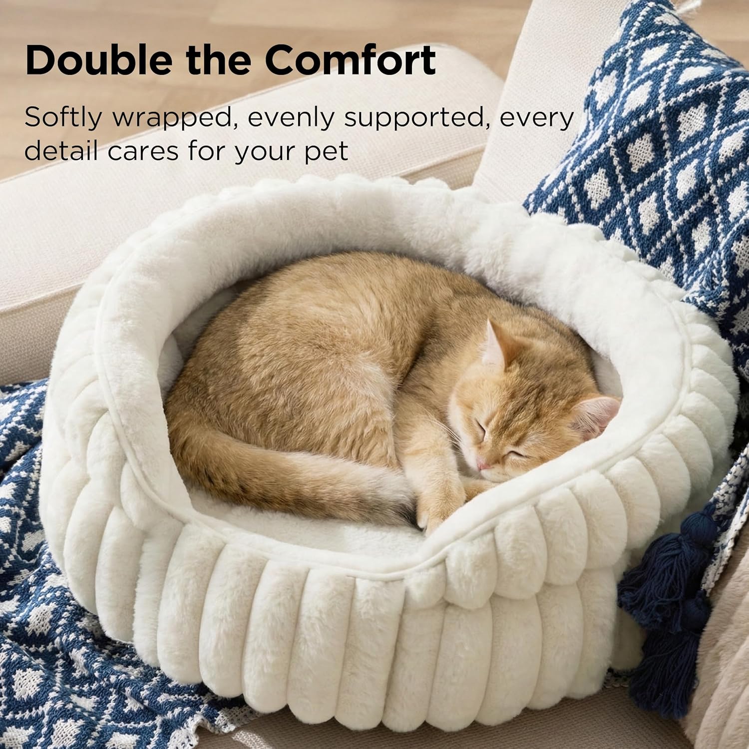 Bedsure ComfyFleece™ Cat Bed, Washable Round Cute Pet Beds for Indoor Cats, Super Soft Corduroy Kitten Bed with Anti-Slip Bottom, 20''x20''x8'', Cream - Happypetzone.online - Image 2