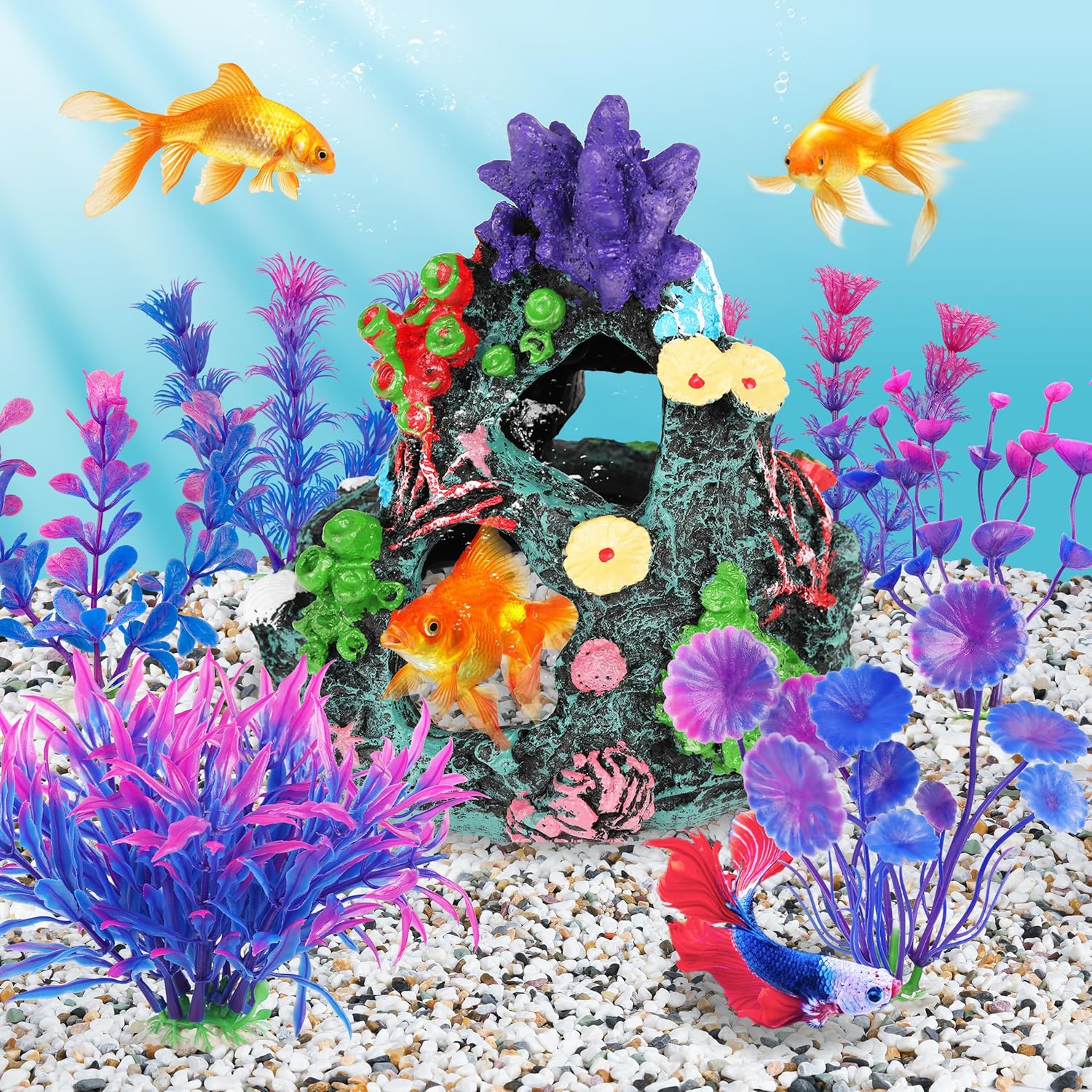 MyLifeUNIT Fish Tank Decorations, 7 Pieces Aquarium Plants Set with Coral Reef Decoration Mountain Cave Ornament for Betta, Goldfish, Shrimp to Breed, Play and Rest (Purple) - Happypetzone.online - Image 7