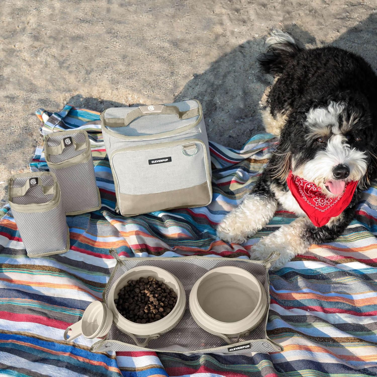 Cleverpup, Large 7-Piece Bistro Box Dog Food Travel Kit, 12-Cup Kibble Storage, 2 Silicone Bowls, Mat & Scoop - Premium Portable Pet Food Kit for Weekends, Overnights, Daycare & Camping, Sand - Happypetzone.online - Image 5