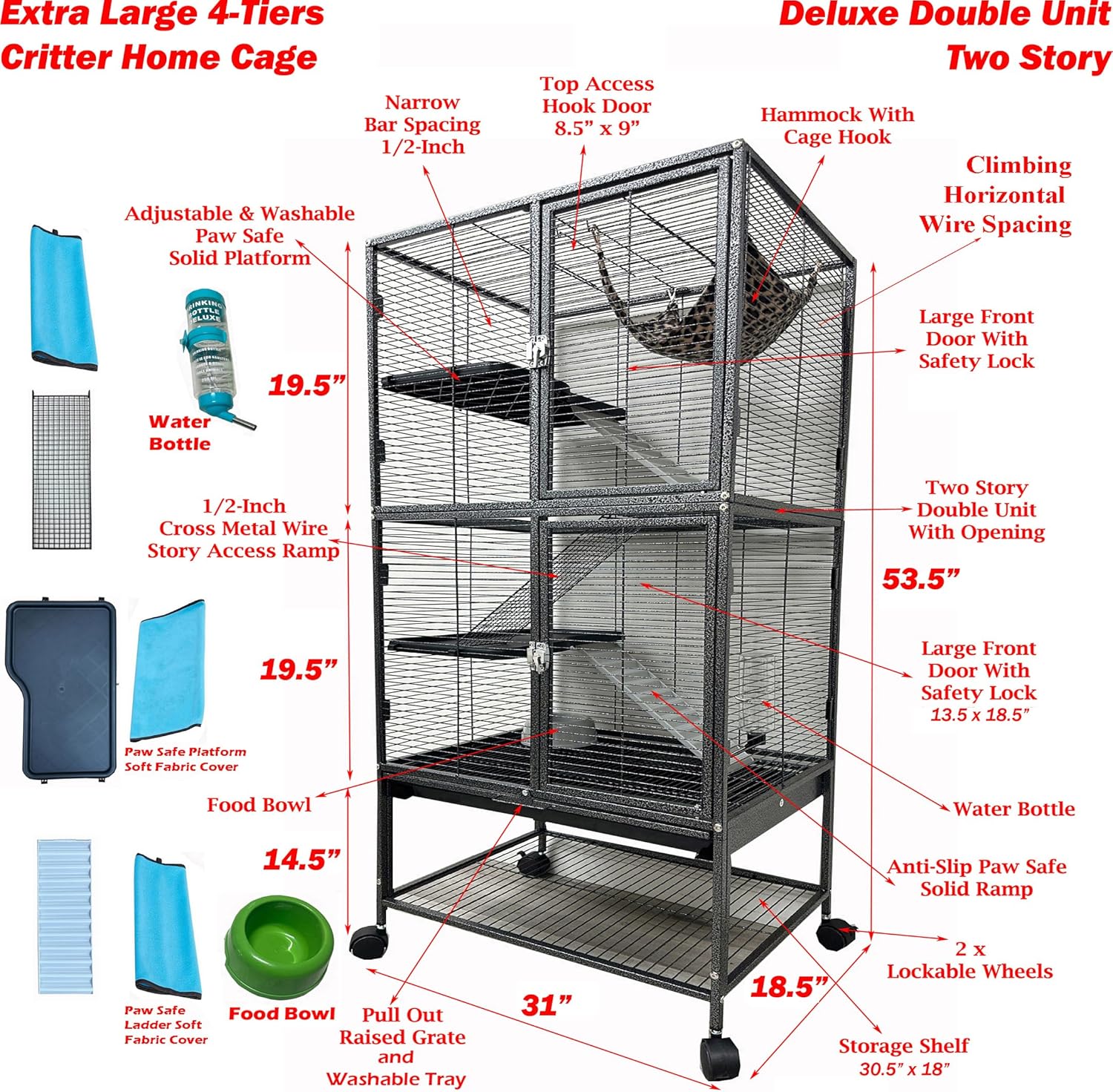 X-Large 31"x18.5"x53.5"H Deluxe Double Unit 4-Tiers Tight 1/2-Inch Bar Spacing Large Front Doors Water Bottle Food Bowl Feisty Ferret Hammock Squirrel Chinchilla Rat Small Animal Critter Rolling Cage - Happypetzone.online - Image 3