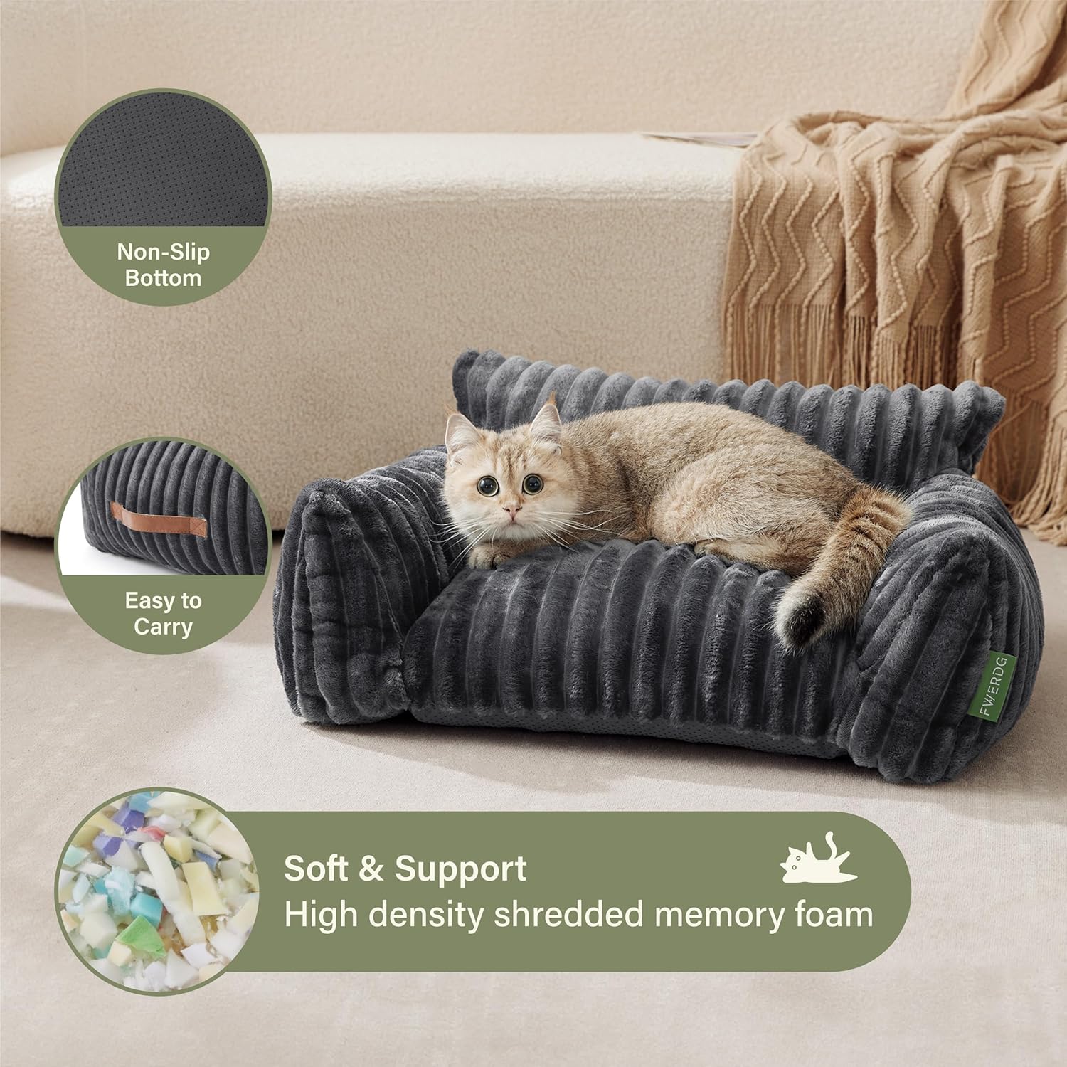 Cute Couch Bed for Pets, Supportive Cat Sofa for Indoor Cats, Small Dog Sofa Bed for Small Dogs, Grey, 24 inches - Happypetzone.online - Image 4