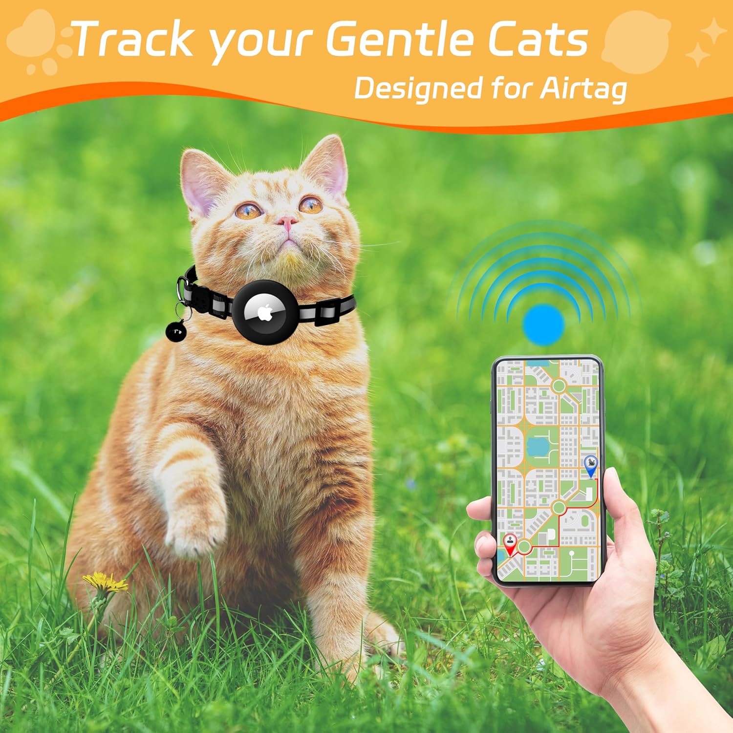 Seyezo Airtag Cat Collar Breakaway, Reflective Kitten Collar with Air Tag Holder, Lightweight Airtag Cat Collar with Bell for Boys Girls, GPS Tracker 0.4’’ Width Adjustable with Safety Buckle, Black - Happypetzone.online - Image 2