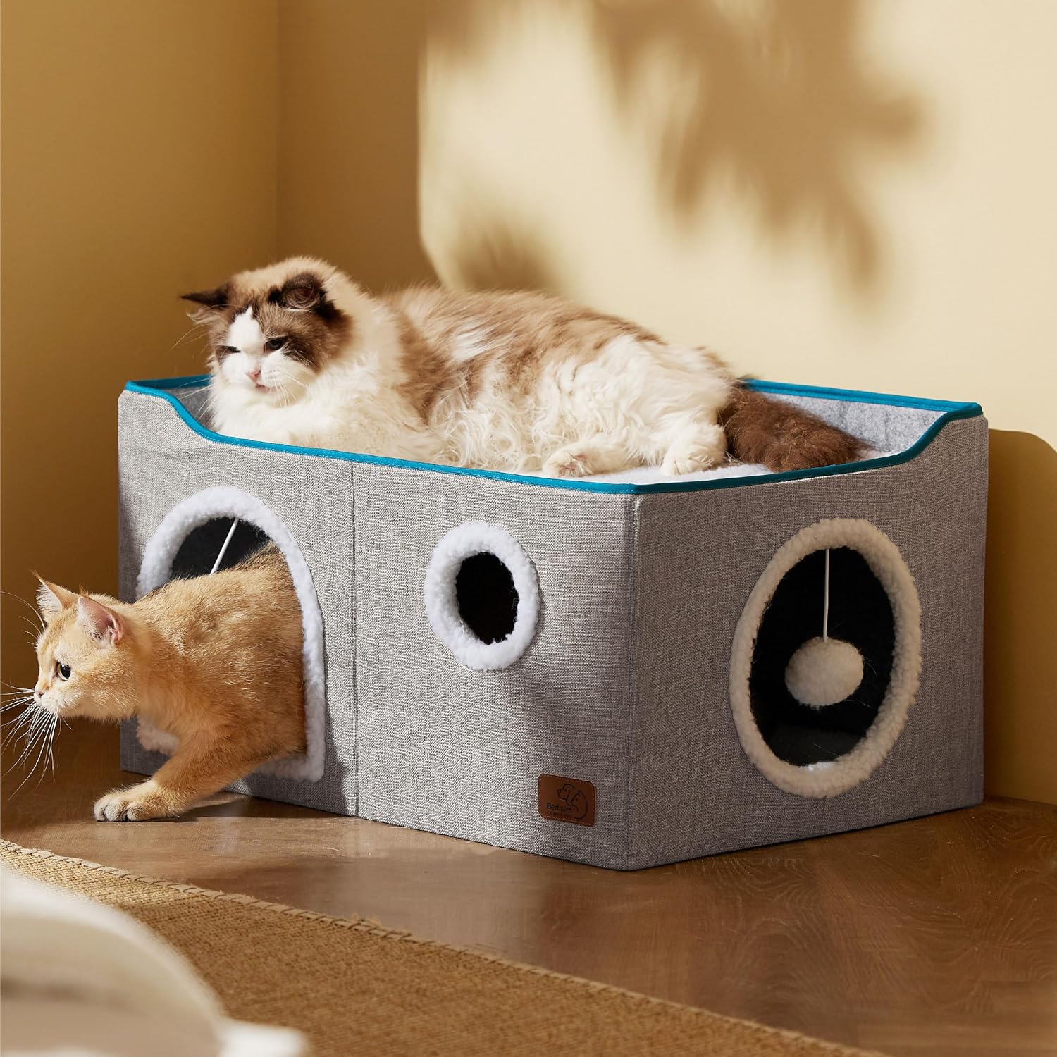 Bedsure Large Cat Beds for Indoor Cats - Extra Wide Cat Cube House for Small Pet with Fluffy Ball Hanging and Scratch Pad, Foldable Pet Cave Hideaway for Multiple Cats, 23.6x16.9x13 inches, Grey - Happypetzone.online - Image 8