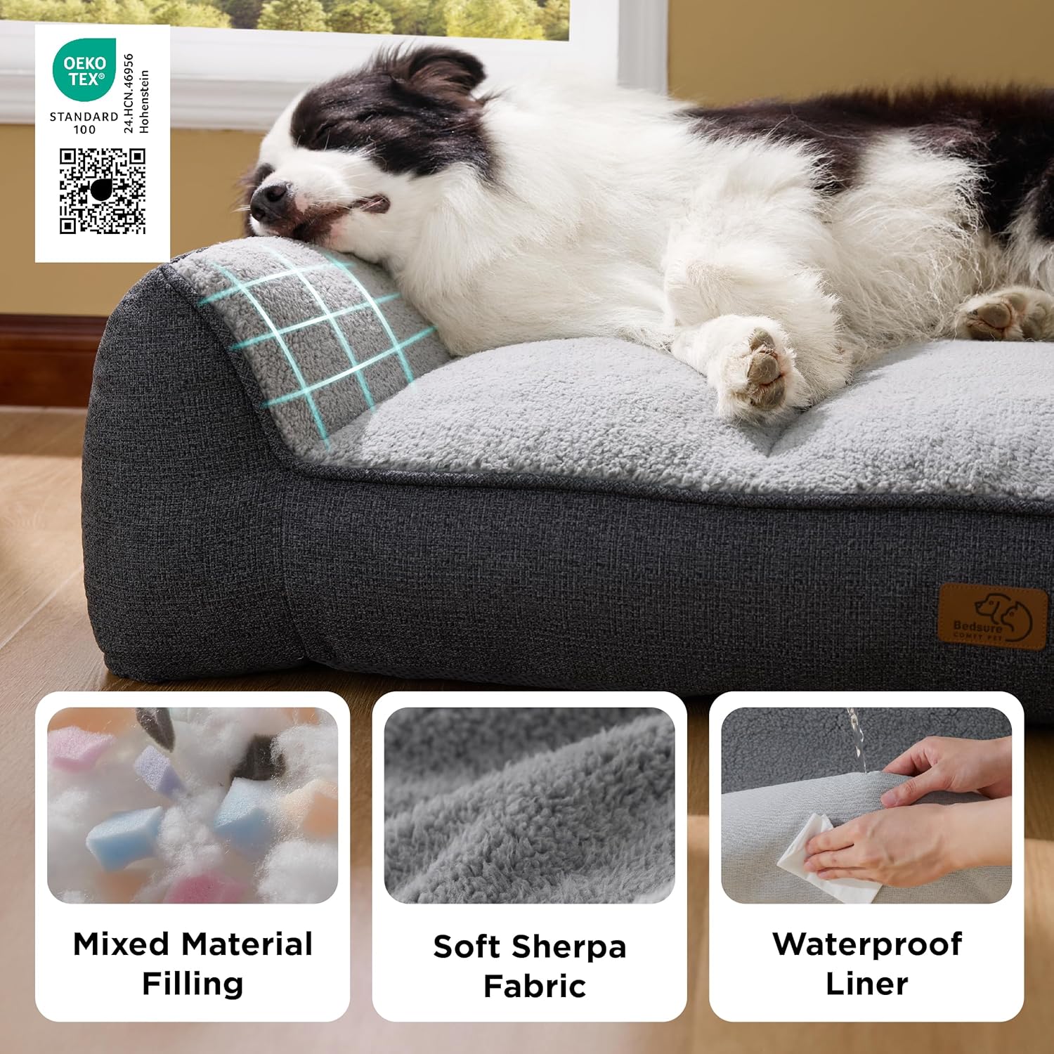 Bedsure SupportMax™ XL Orthopedic Dog Beds Large Sized Dog - As Seen on TV Extra Thick Supportive Dogs Couch with Waterproof Washable Cover, Extra Large Comfort Pet Sofa with Soft Sherpa, Grey, 42" - Happypetzone.online - Image 5