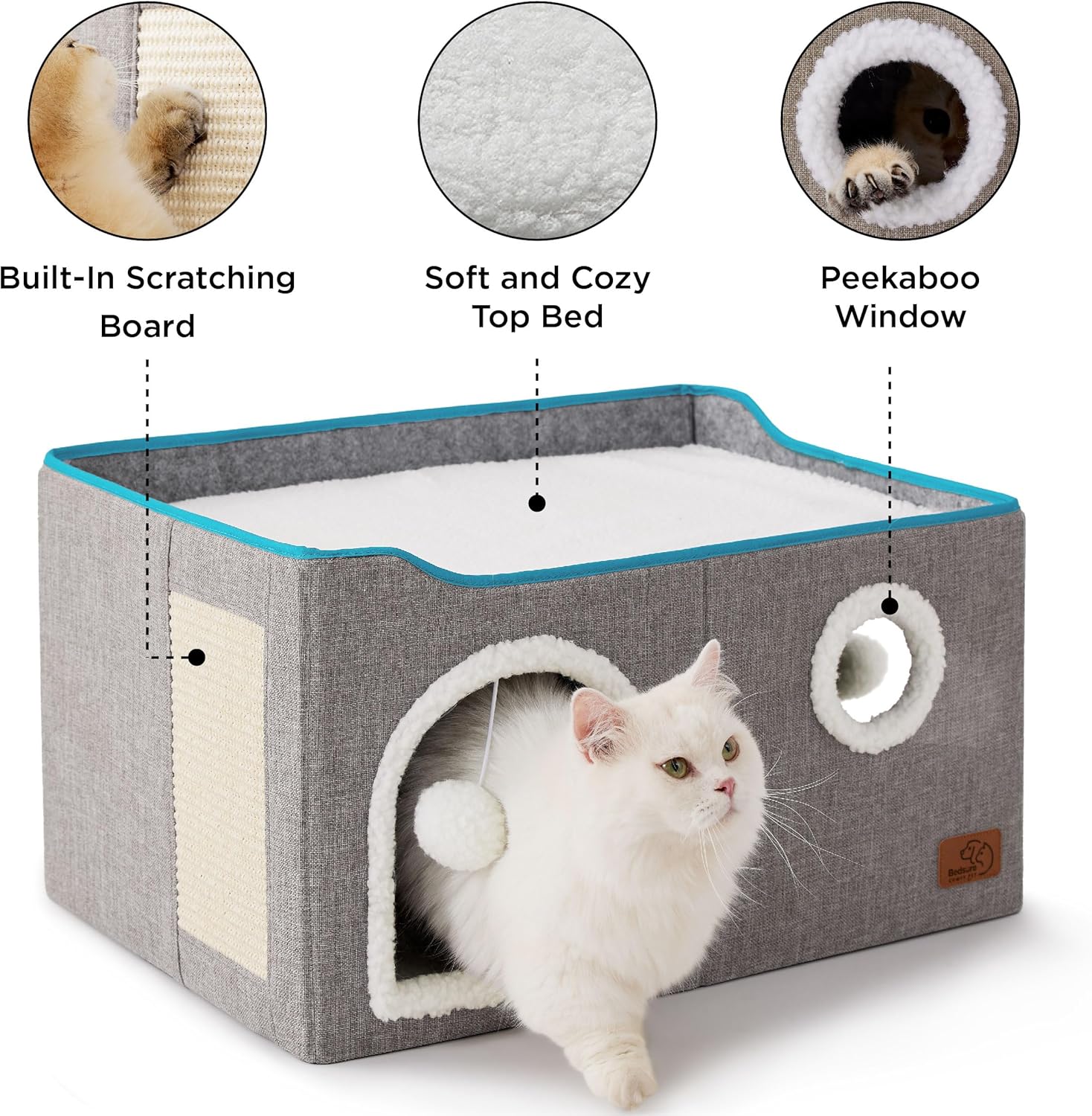 Bedsure Large Cat Beds for Indoor Cats - Extra Wide Cat Cube House for Small Pet with Fluffy Ball Hanging and Scratch Pad, Foldable Pet Cave Hideaway for Multiple Cats, 23.6x16.9x13 inches, Grey - Happypetzone.online - Image 5