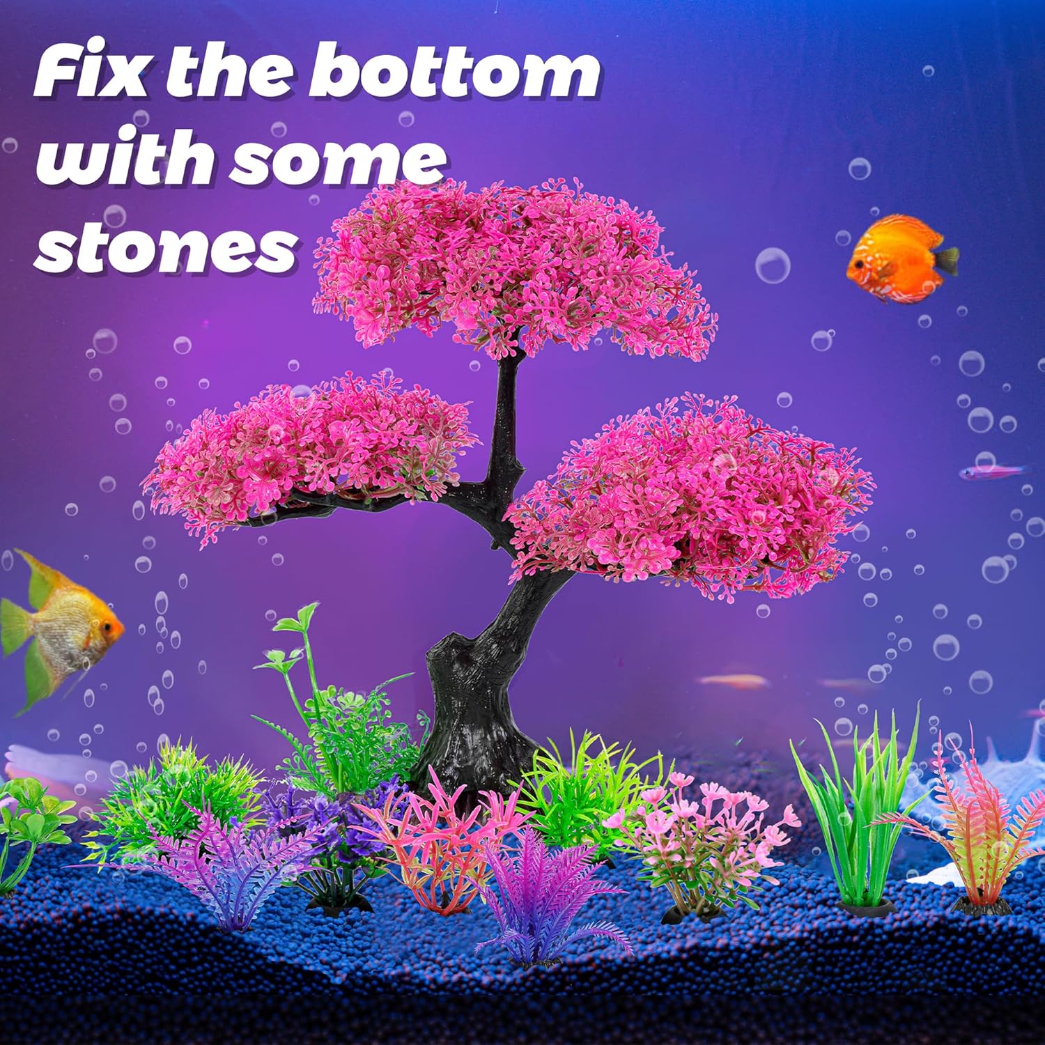 Ameliade Aquarium Artificial Plastic Plants Decoration, Pink Cherry Blossom Tree Aquarium Decor Set, Goldfish Betta Fish Tank Decorations Hides Accessories(Pink - Happypetzone.online - Image 6