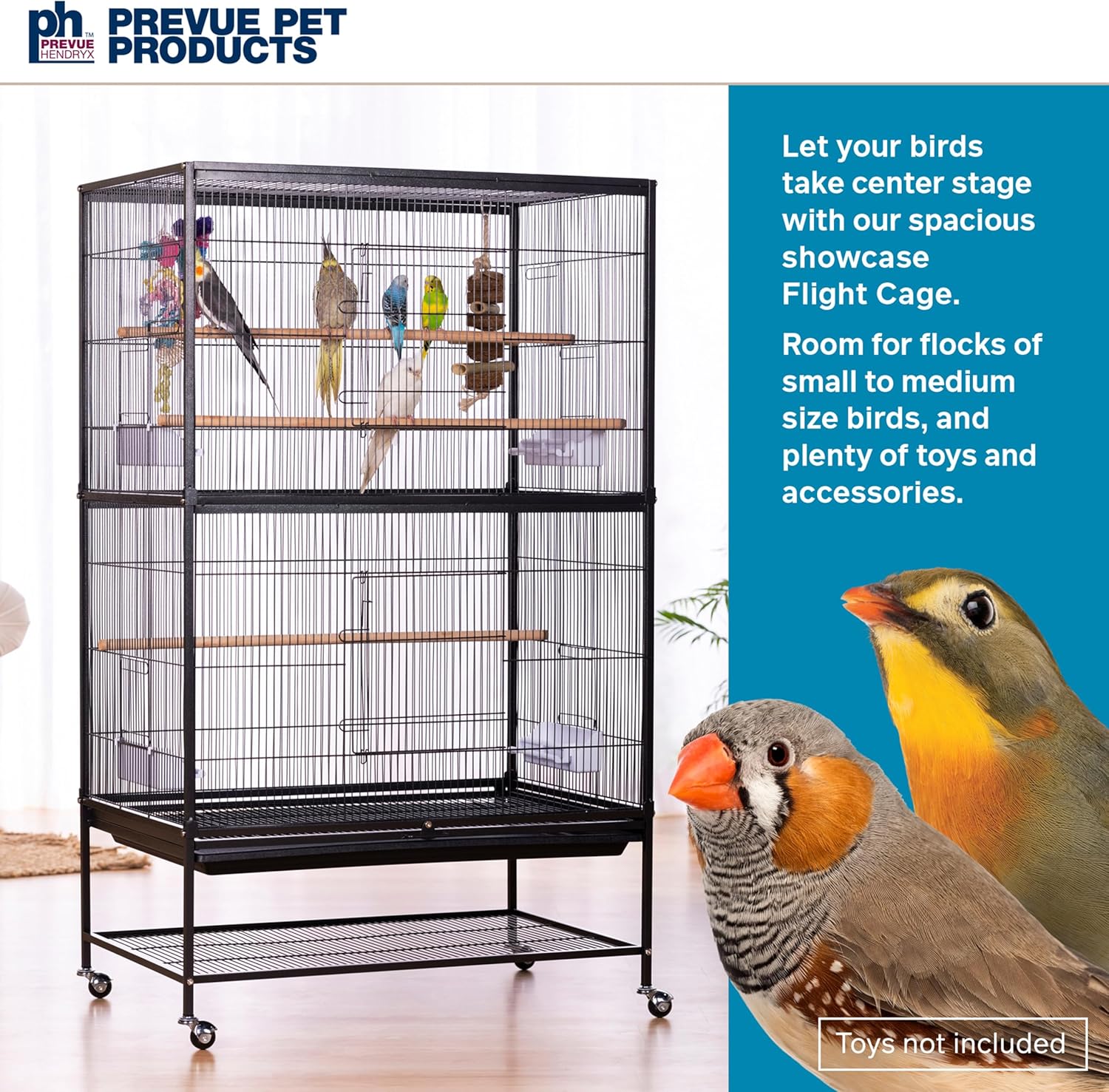 Prevue Pet Products Steel Bird Flight Cage with Wheels - Large Birdcage for Parakeets, Canaries, Finches, Cockatiels, Lovebirds, & Green Cheek, Metal Standing Birdcage - Black, Large - Happypetzone.online - Image 3