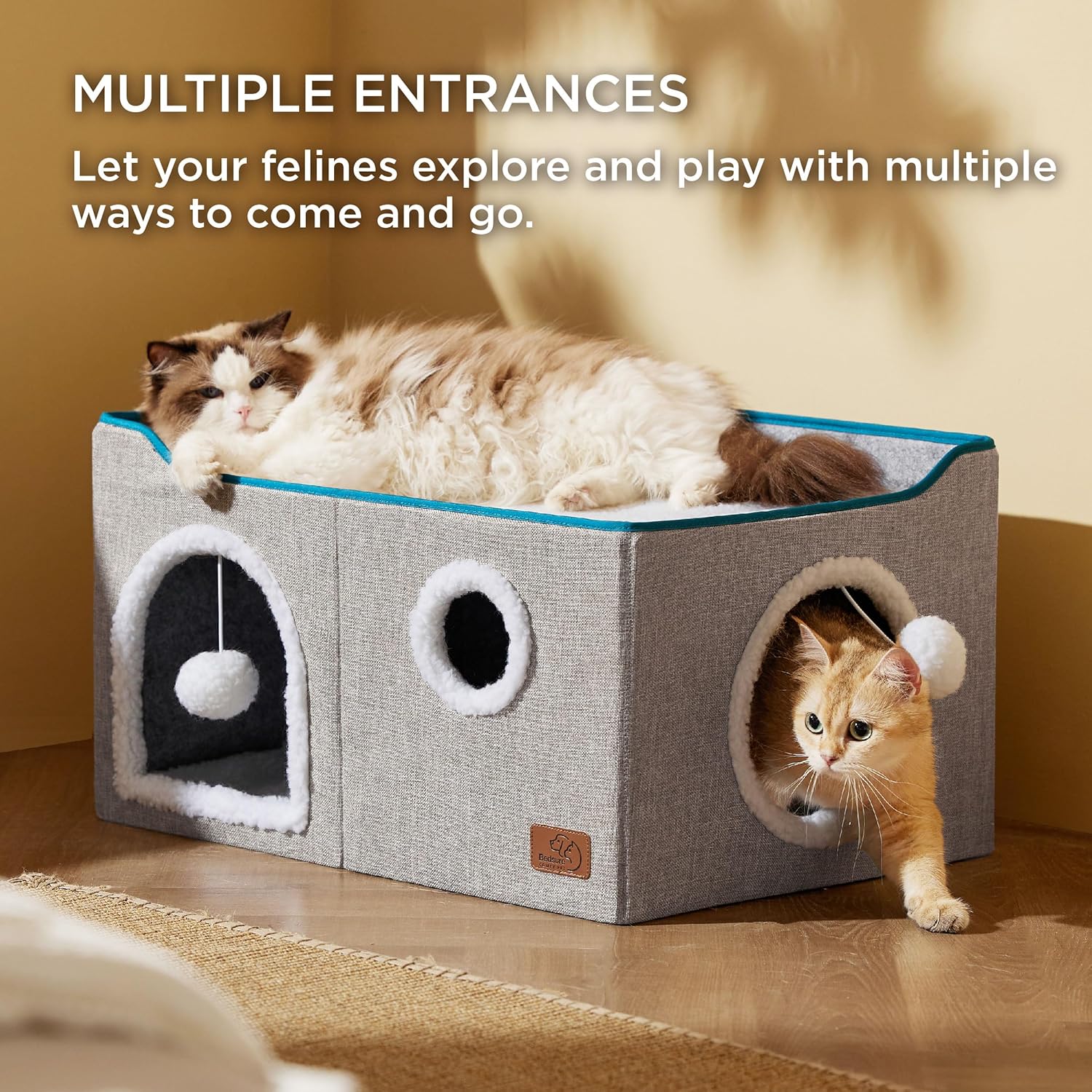 Bedsure Large Cat Beds for Indoor Cats - Extra Wide Cat Cube House for Small Pet with Fluffy Ball Hanging and Scratch Pad, Foldable Pet Cave Hideaway for Multiple Cats, 23.6x16.9x13 inches, Grey - Happypetzone.online - Image 2
